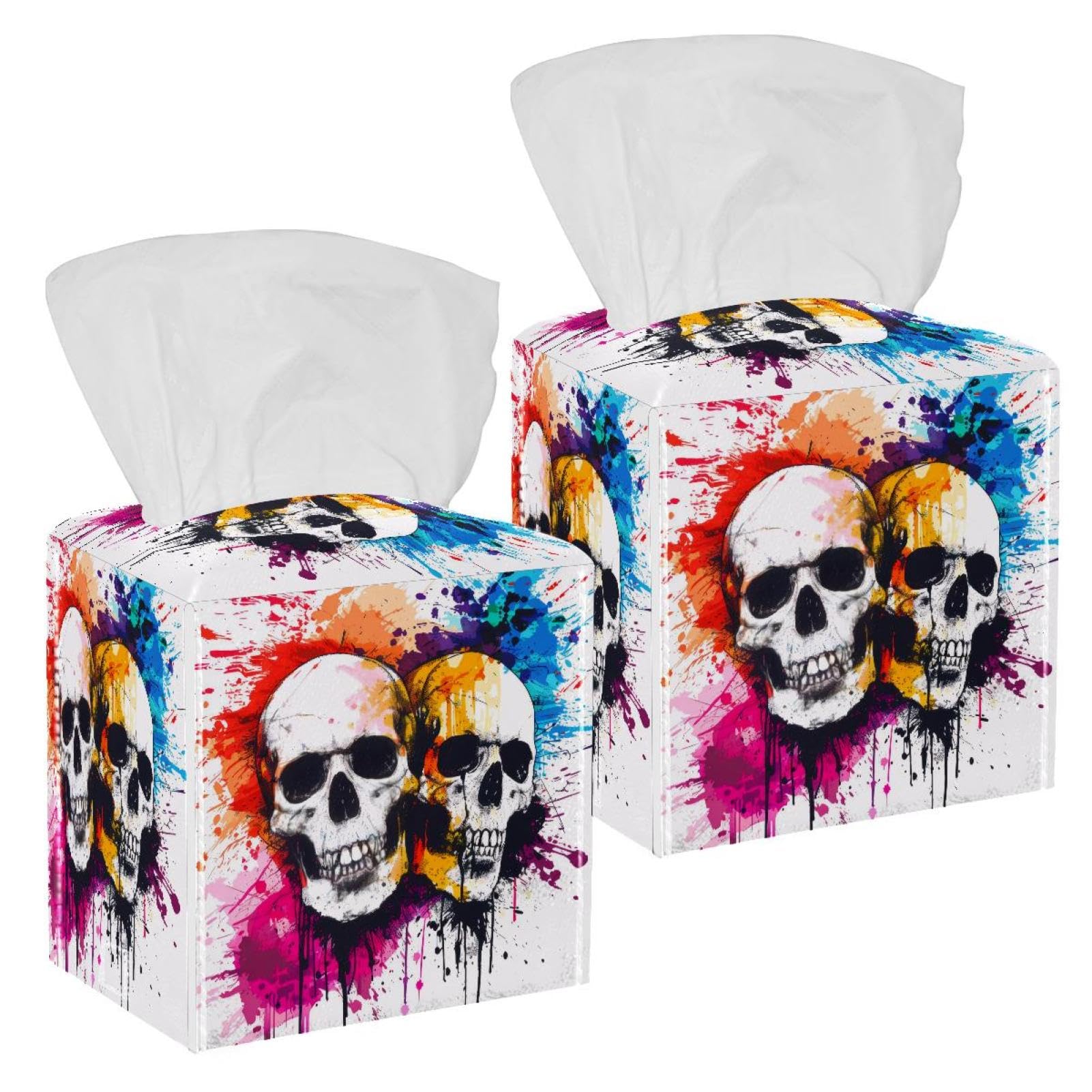 Watercolor Skull Tissue Box Cover, 2 Pack PU Leather Square Facial Tissue Dispenser Box holder for Home Office Car