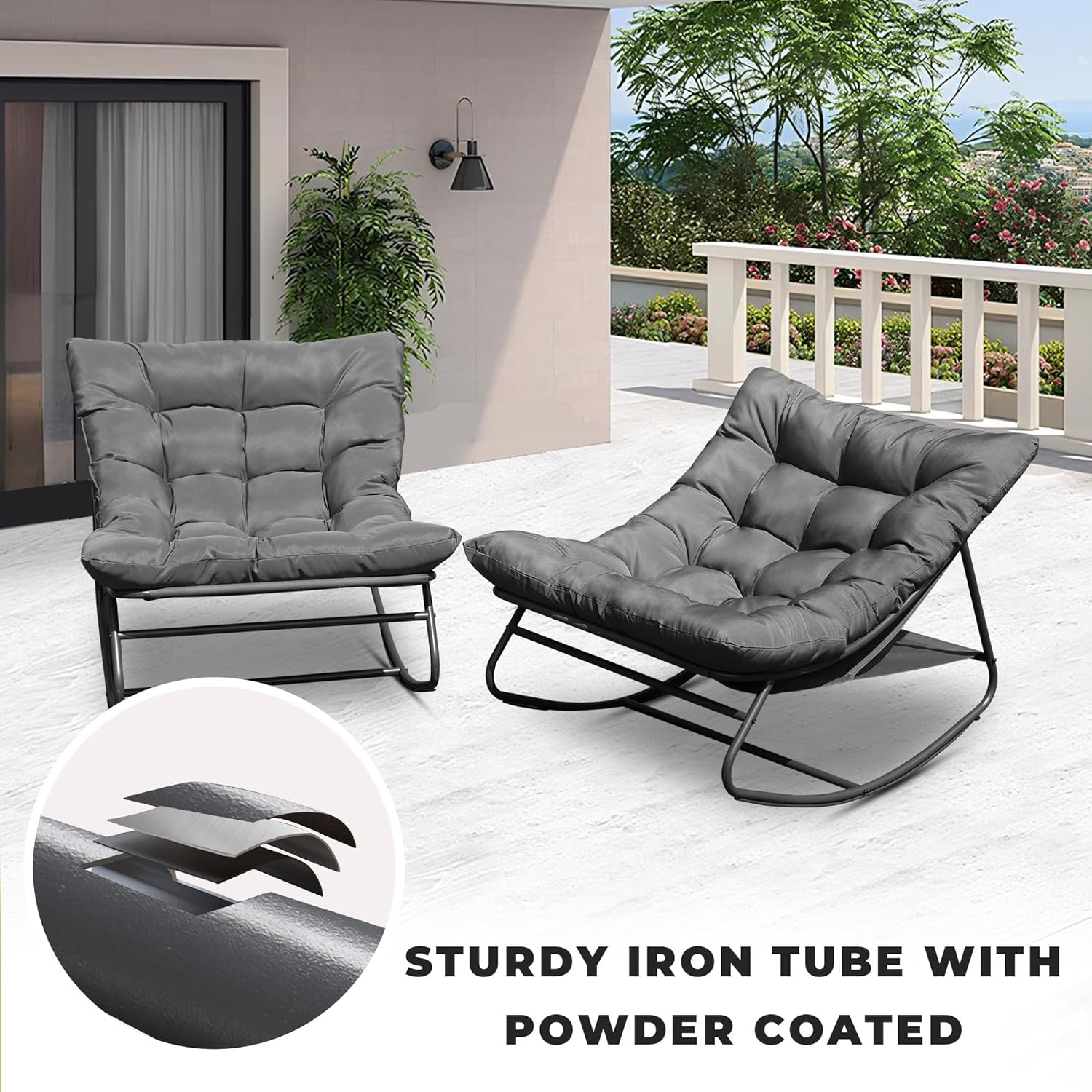 NOBLEMOOD Oversized Rocking Chairs Set of 2, Outdoor & Indoor Papasan Rocking Chair with Thick Cushions, Metal Rocker Chair Set for Living Room, Patio, Porch, Garden, Backyard