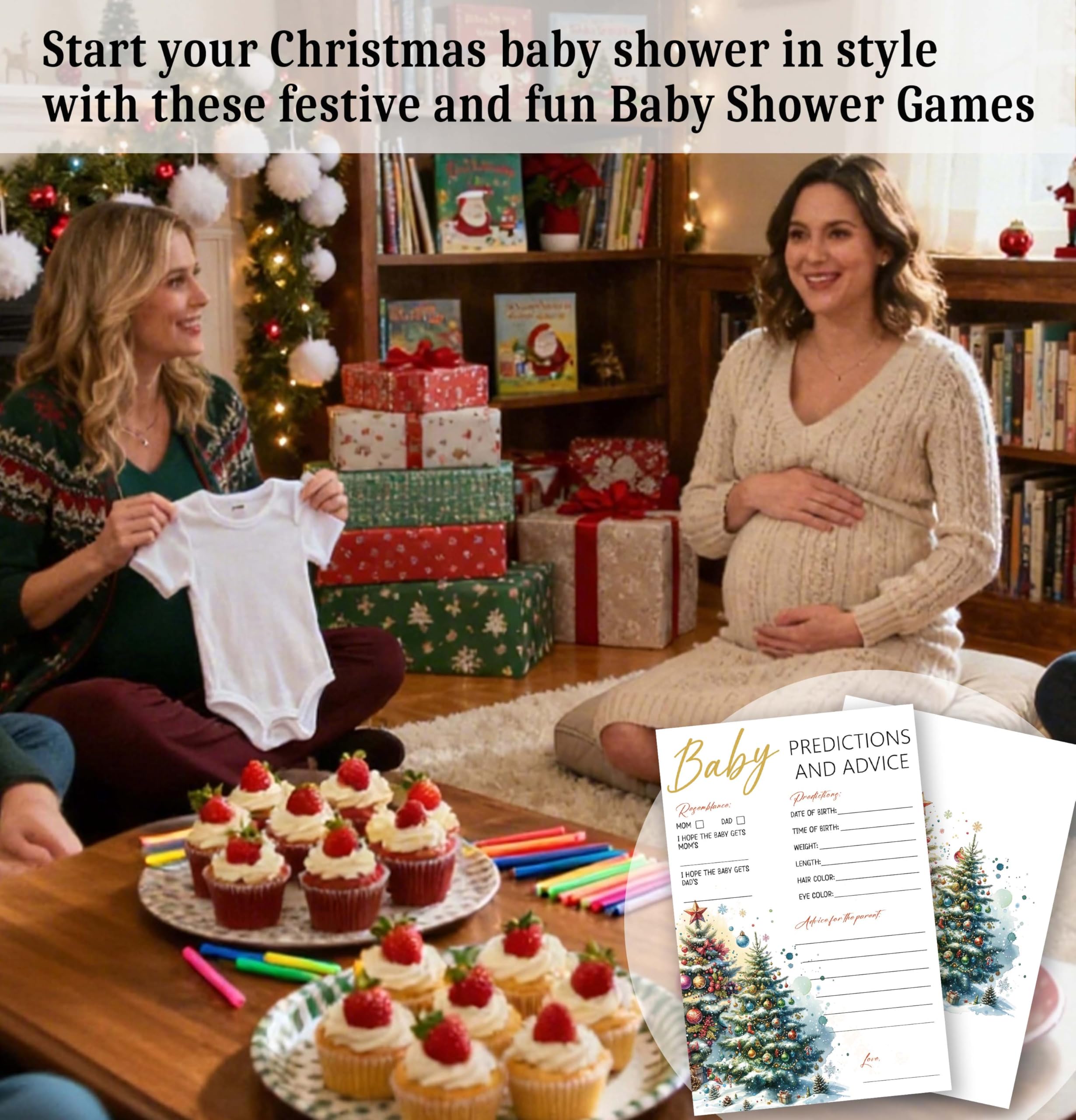 Świąteczne karty do gry na baby shower – 25 dwustronnych kart z przewidywaniami i poradami dla dziecka, zimowa choinka bożonarodzeniowa neutralna pod względem płci upominki na imprezę - C04