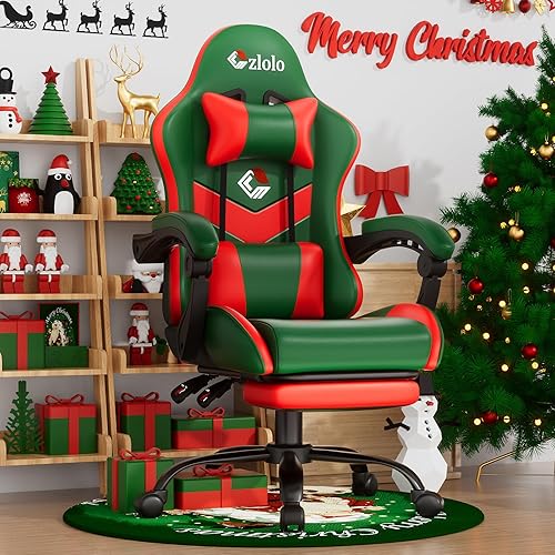 Gaming Chair, Lumbar Support Massage Computer Chair, High Back Gamer Chair, with Footrest and Headrest, Lumbar Pillow, Recline, Wide Seat, Gaming Chairs for Christmas/Birthday Gifts, Green