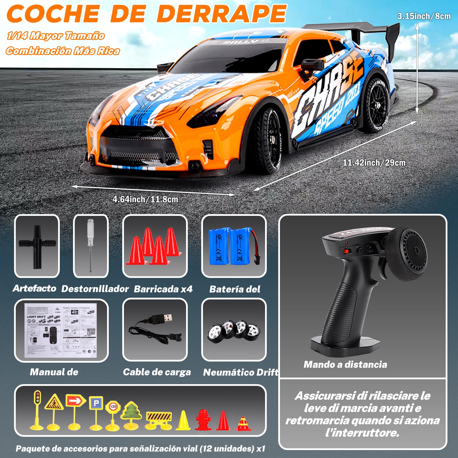 JONRRYIN Macchina Telecomandata Drift, 1:14 RC Drift Car, 25km/h 4WD Radiocomandata Auto con Luce LED, Regalo di Giocattolo Auto per Adulti e Bambini di Età Superiore agli 8 Anni