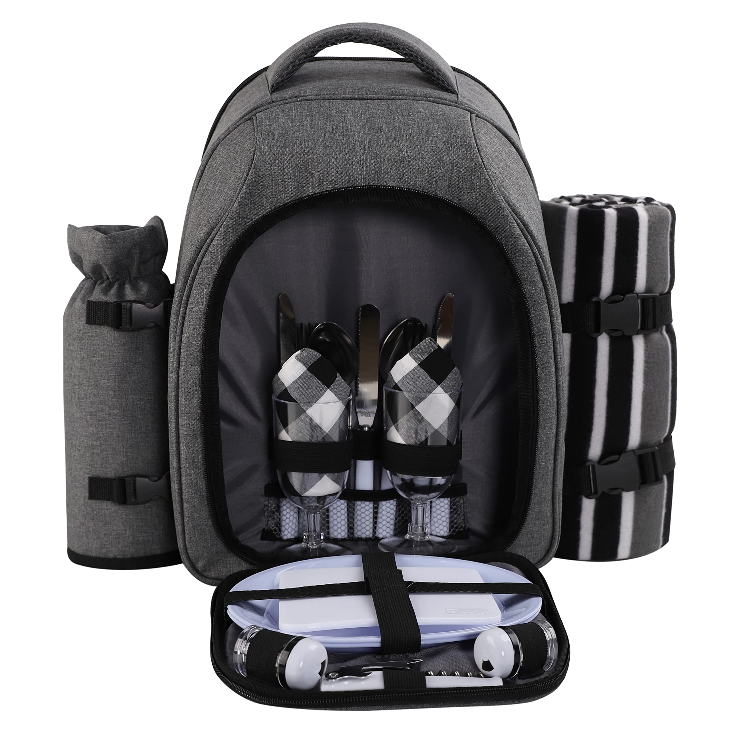 apollo walker Picnic Backpack Bag for 2 Person with Cooler Compartment, Detachable Bottle/Wine Holder, Fleece Blanket, Plates and Cutlery Set (2Person,Grey)
