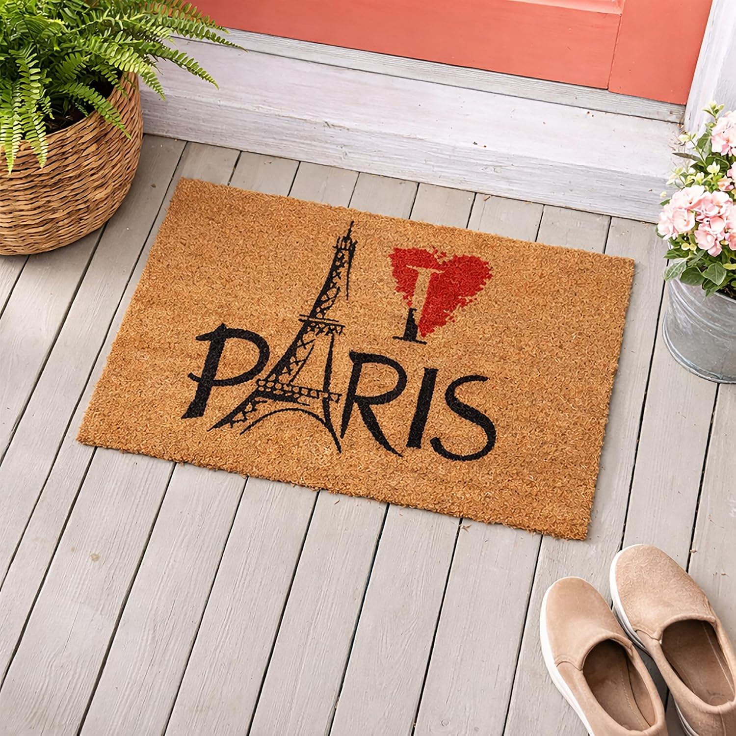 EVIDECO French Home Goods Sheltered Coconut Door Mat Printed Paris Eiffel 24x16 Natural