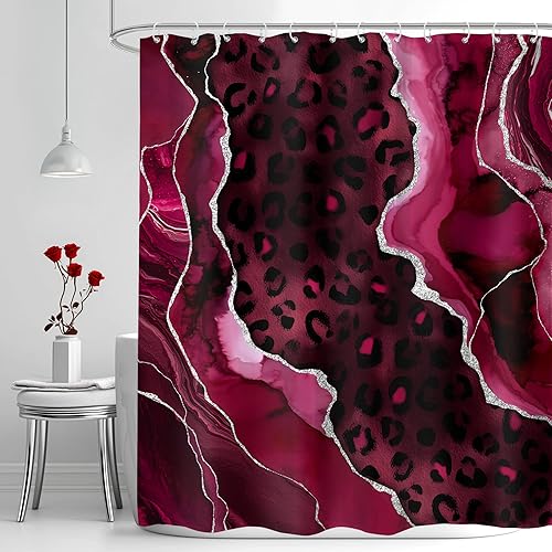 Miniatura 11 de LIGHTINHOME Cortina de ducha con estampado de leopardo, 72 pulgadas de ancho x 72 pulgadas de alto, diseño retro rojo de cerezo, negro y marrón,