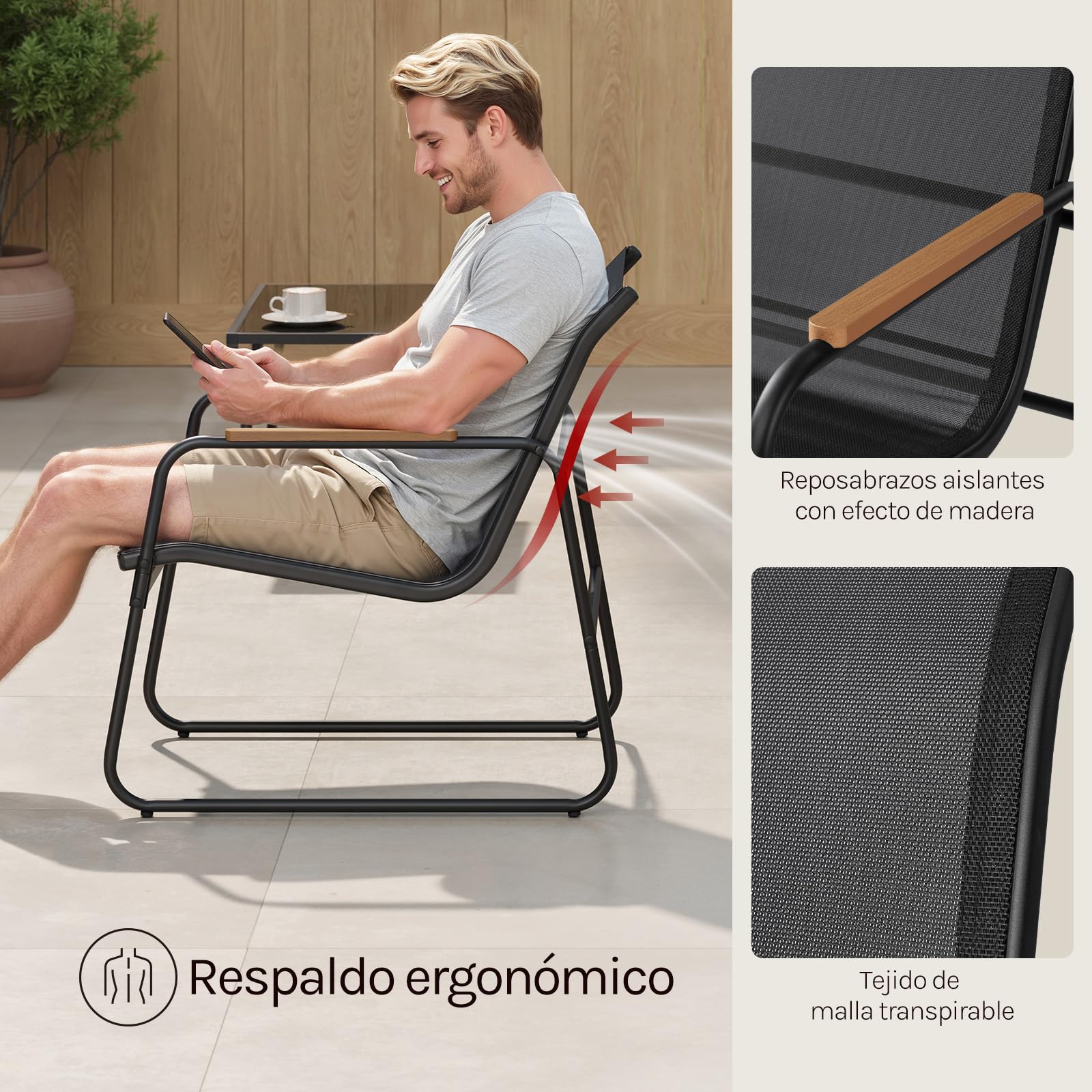 WOLTU Muebles Jardín de 4 Piezas, 1 Mesa 2 Sillas Terraza y 1 Sofá, Conjunto Jardín Exterior Resistente a Intemperie, Estructura Metal Resistente, Tela Transpirable, para Balcón Patio Terraza, Negro