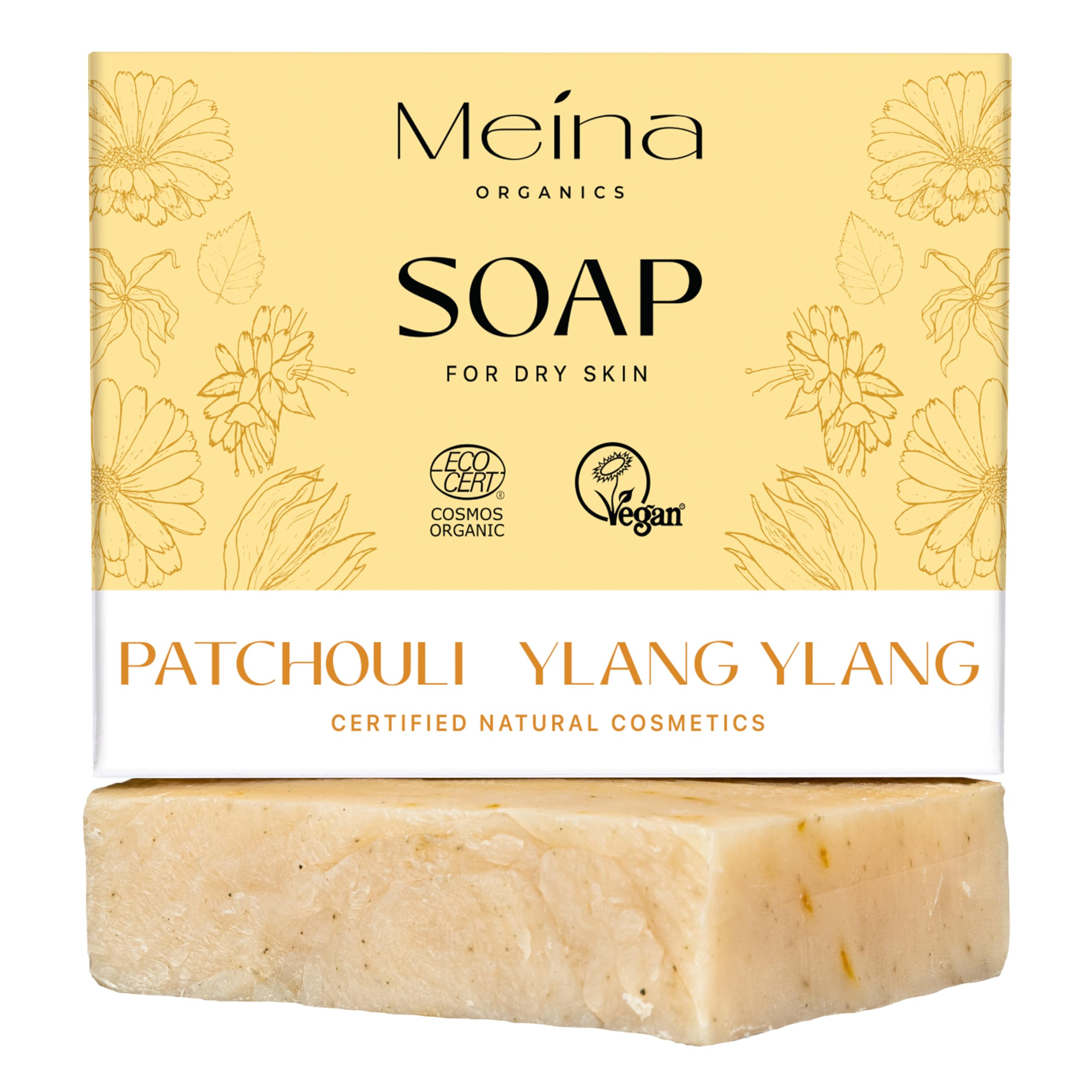Meina Patchouli Soap Bar with Ylang Ylang, 100% Natural, Organic Certified, Without Palm Oil, Face and Body, Vegan, Plastic Free, Perfect for Travel and Sport, 100g