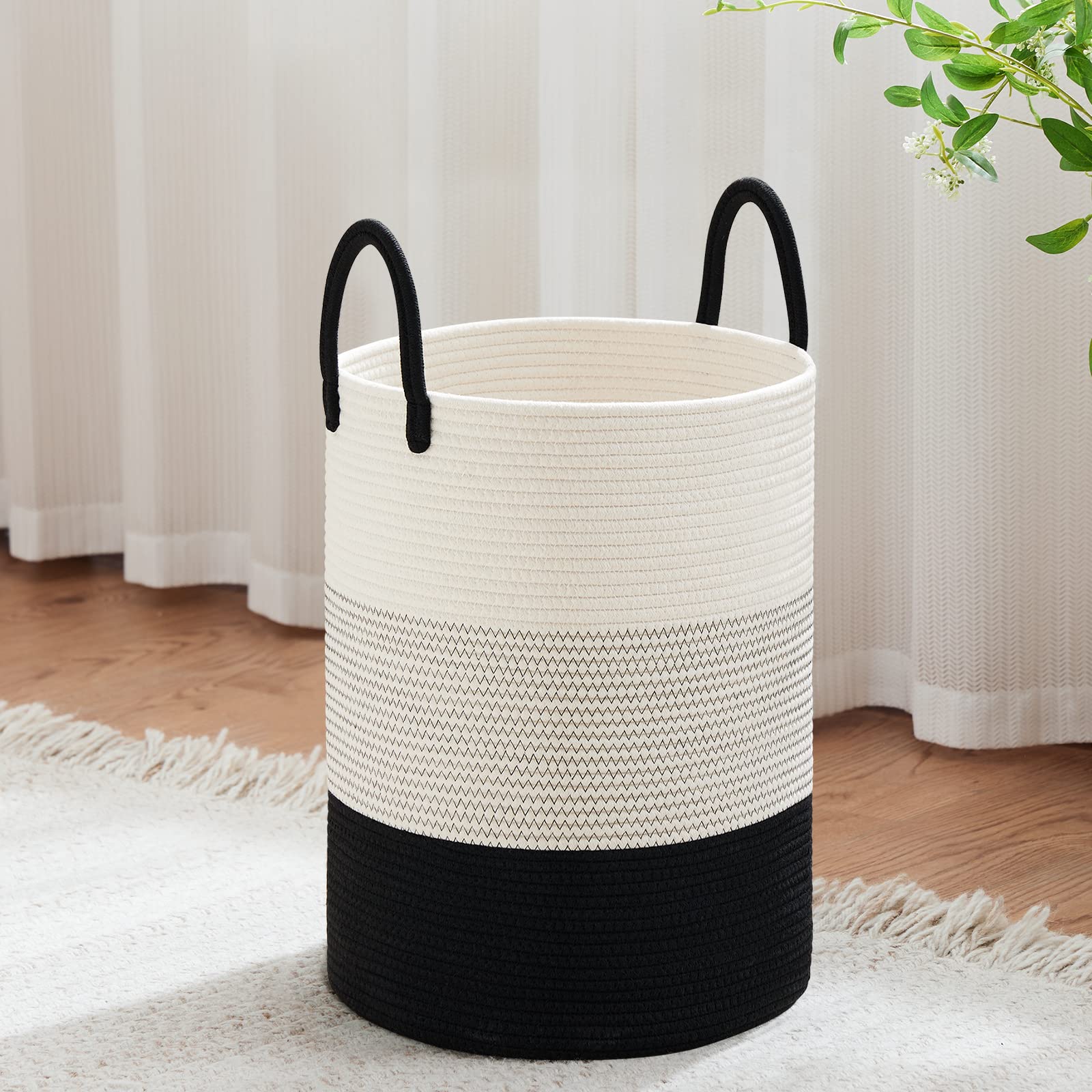 VIPOSCO Tall Laundry Hamper, Woven Rope Storage Basket for Blanket, Toys, Dirty Clothes in Living Room, Bathroom, Bedroom - 30L White & Black — image 1