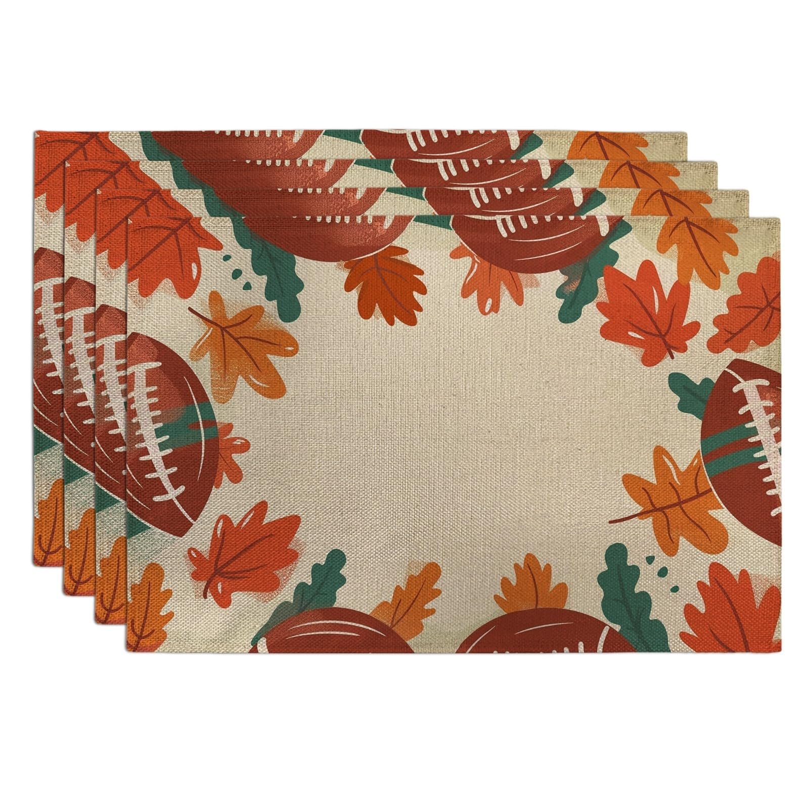 Fall Football Leaves Placemats, Orange Rustic Leaf Place mats for Dining Table, Non-Slip Washable Indoor Outdoor Party Decorative Placemat Set of 4
