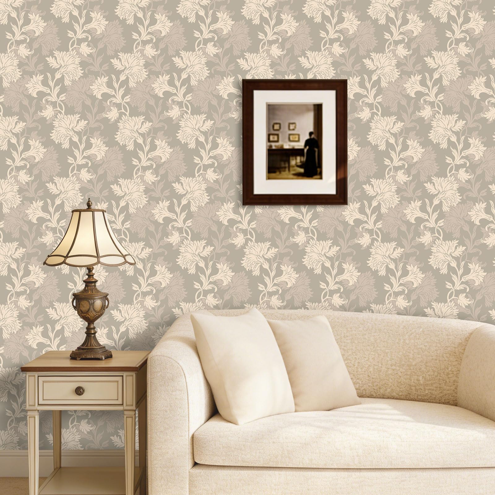 LACHEERY 44.5cm x 700cm Papier Peint Adhesif Mural Beige Motif Fleur Rouleau Adhesif Decoratif Mural Salon Vinyle Papier Peint Floral Creme Lavable Vintage Film Autocollant Meuble pour Salle de Bains - 3