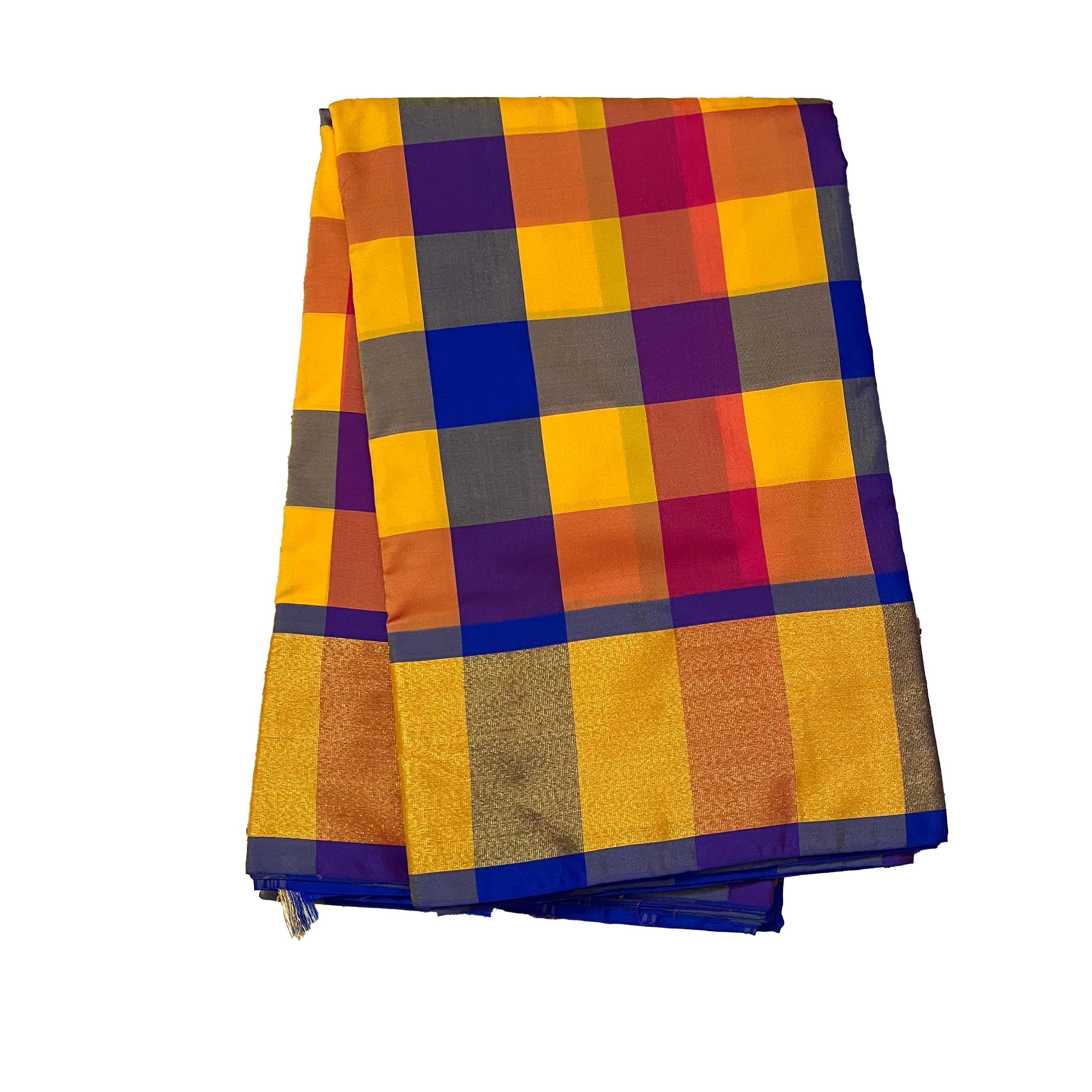 Multicolor Checkered Silk Saree with Golden Border and Pallu, Traditional Indian Ethnic Wear-image-8