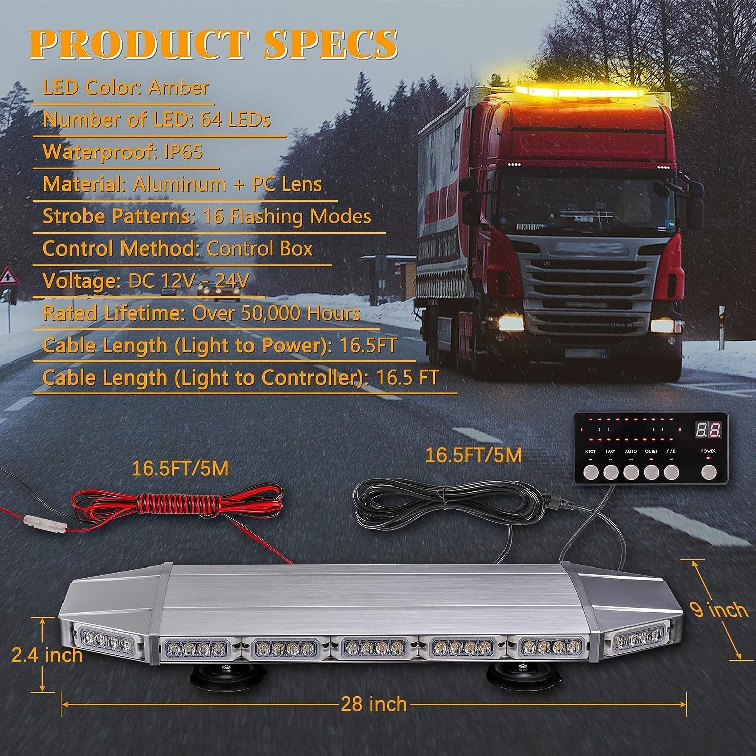 71 cm Barra de luz estroboscópica de emergencia, 64 LED 21 modos intermitentes, base magnética resistente a la intemperie, camiones de construcción, quitanieves (ámbar)