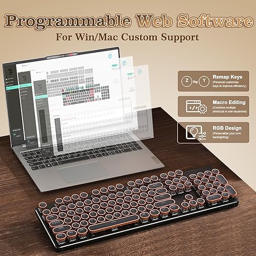 Miniatura 8 de YUNZII QL108 Teclado mecánico para juegos estilo máquina de escribir, teclados retroiluminados RGB intercambiables en caliente, panel de metal,
