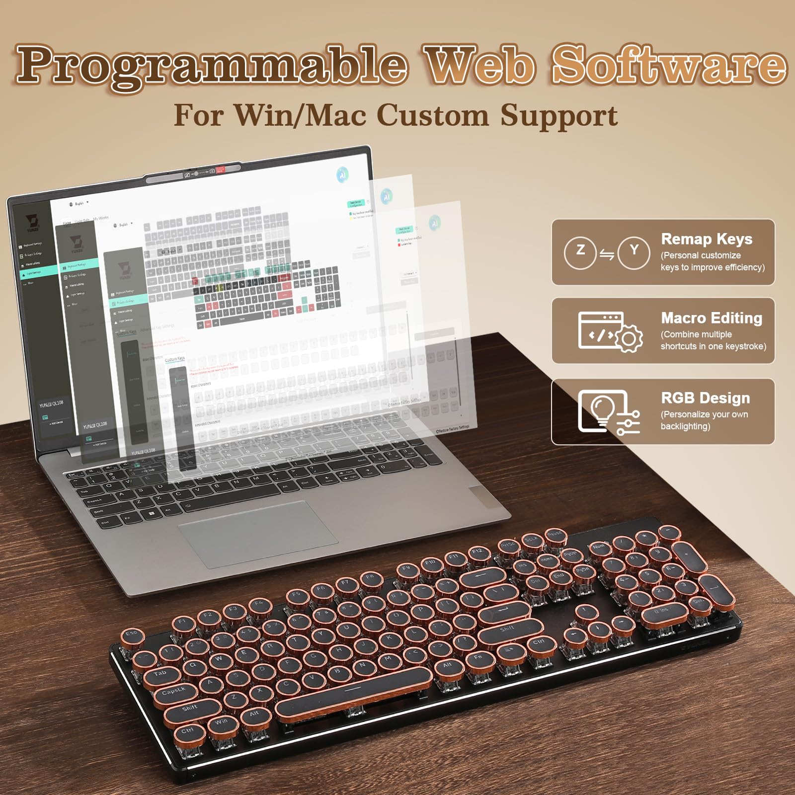 YUNZII QL108 Teclado Mecánico Gaming Estilo Máquina de Escribir, Retroiluminado RGB Hot-Swap, USB con Teclas Redondas Retro y Panel Metálico Teclados PC (Negro, Onyx Tactile Switch)