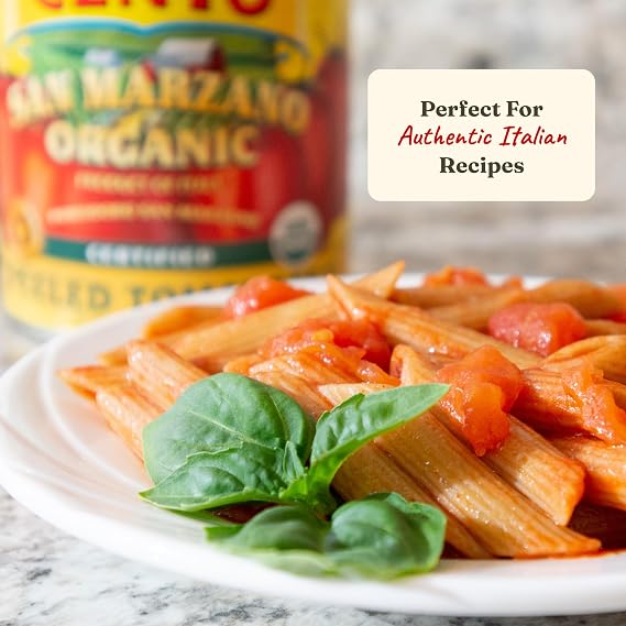 Cento Organic Certified San Marzano Whole Peeled Tomatoes 28 Oz (Pack of 6), Canned Plum Tomatoes in Thick Puree with Basil, Grown and Processed in Italy