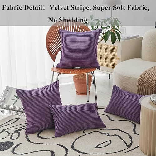 Miniatura 2 de Home Brilliant - Almohadas decorativas moradas de pana a rayas sólidas de terciopelo de pana para sofá, cama, 20 x 20 pulgadas  50.8 x 50.8 cm.,
