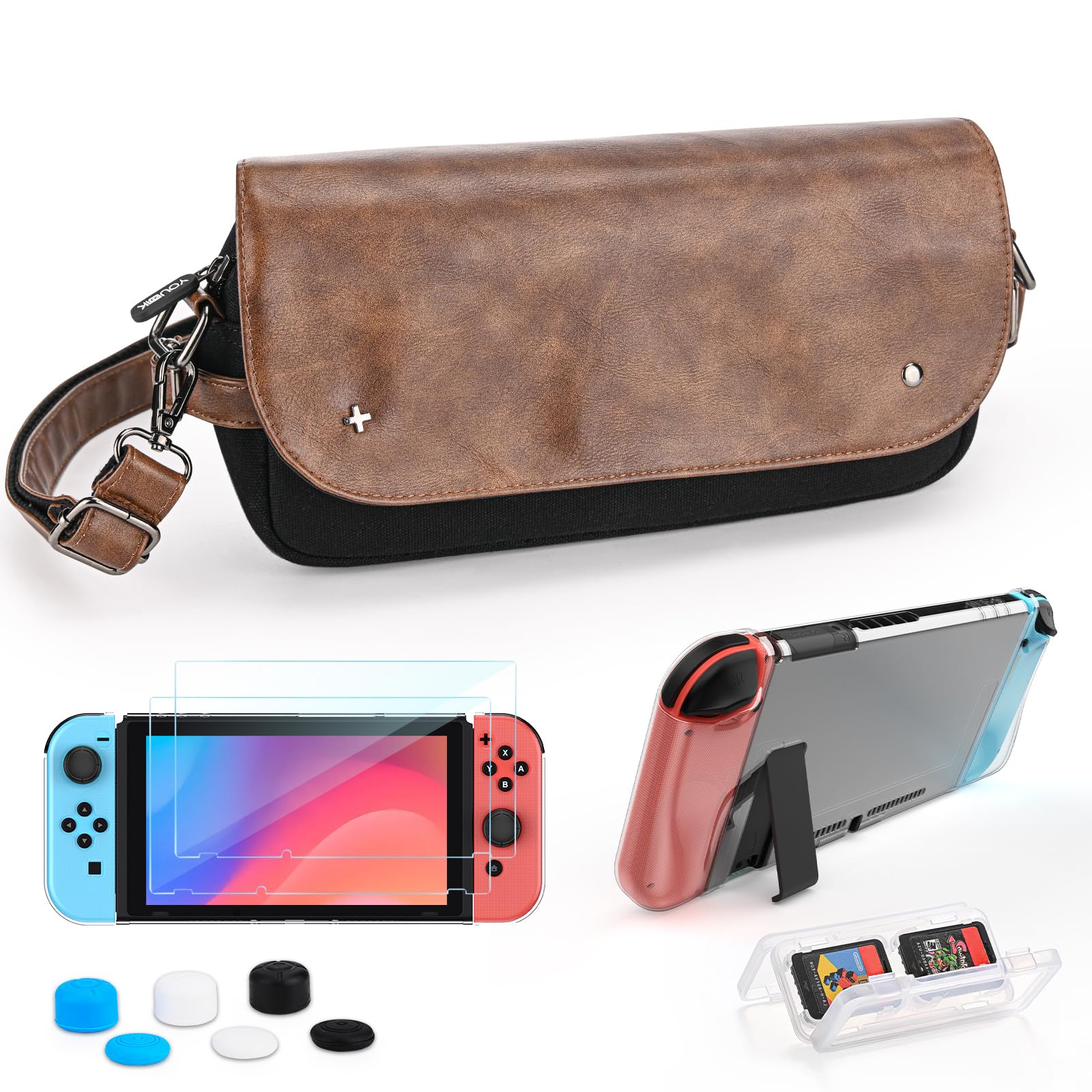 Younik Switch Carrying Bag for Switch 2017, Switch Case with Adjustable Shoulder Strap, 14-in-1 Switch Kit with Travel Bag and Protective case, Screen Protector, J-con Covers and Game Card Case