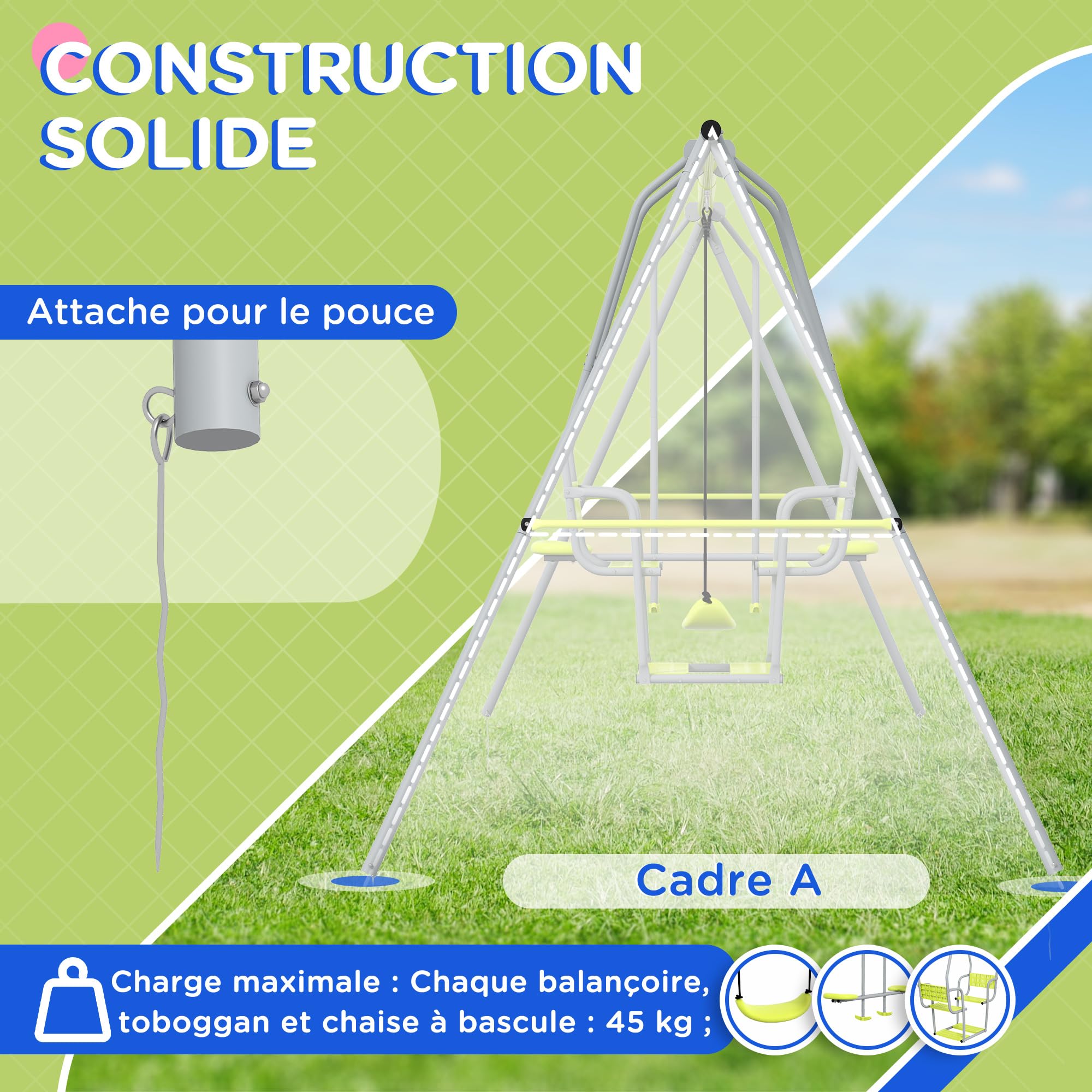 Outsunny Balançoire Portique pour Enfant 3 en 1 avec 1 Face à Face Vert | 3 Agrès, Balançoire de Jardin, Structure en Métal, Charge Max. 225 kg, Aire de Jeux Extérieure