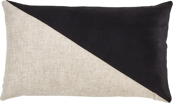 SARO LIFESTYLE Cleo Collection Geometric Velvet Design Lumbar Throw Pillow with Down Filling, 12"x20", Black