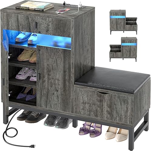 Miniatura 7 de armocity Armario de zapatos para entrada, banco independiente con luces LED y tomas de corriente, organizador reversible de almacenamiento de