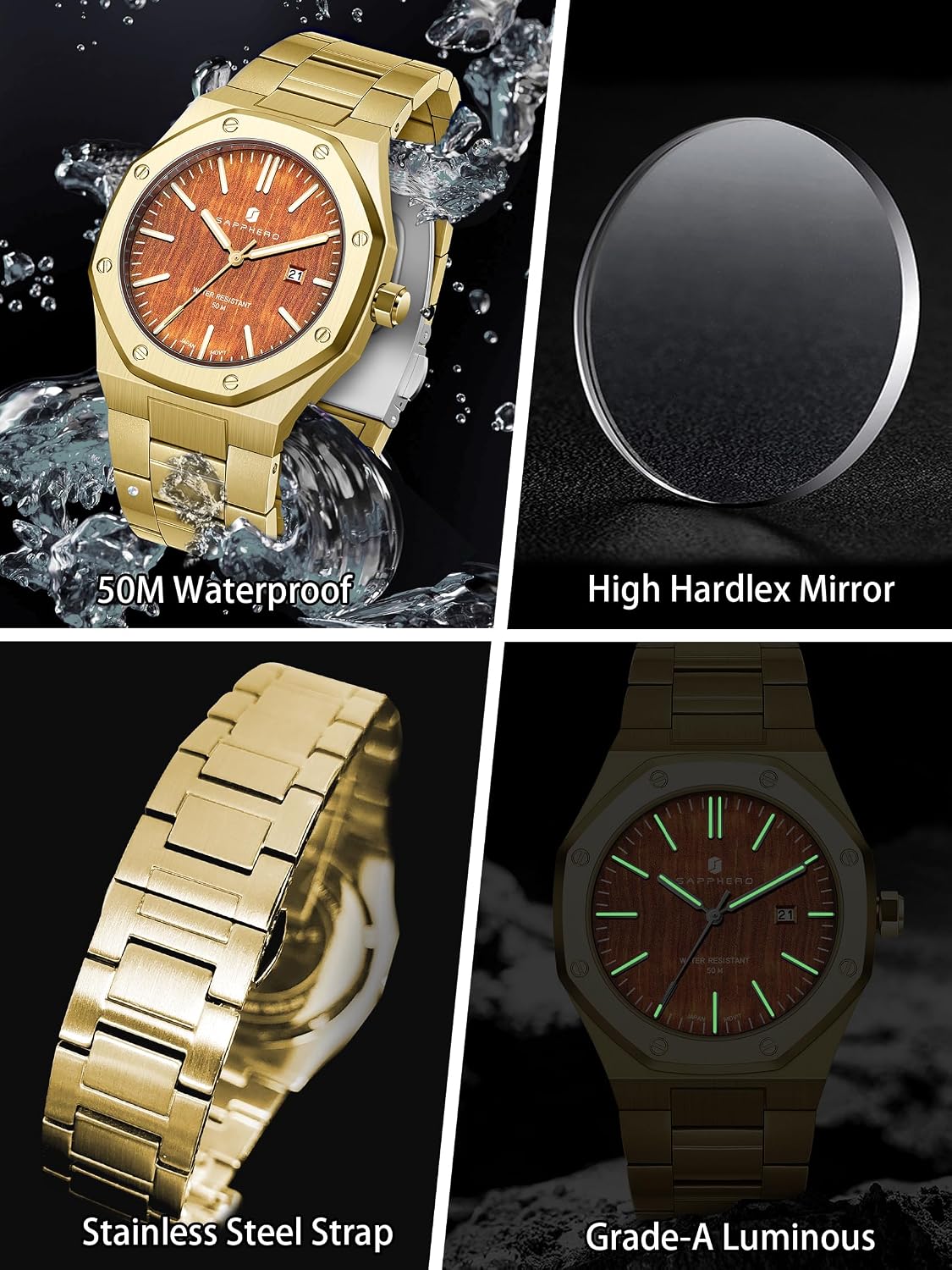 SAPPHERO Watches for Men Waterproof Men's Watch Stainless Steel Octagonal Date Quartz Fashion Clock Business Wristwatch Gift for Men Multiple Colors