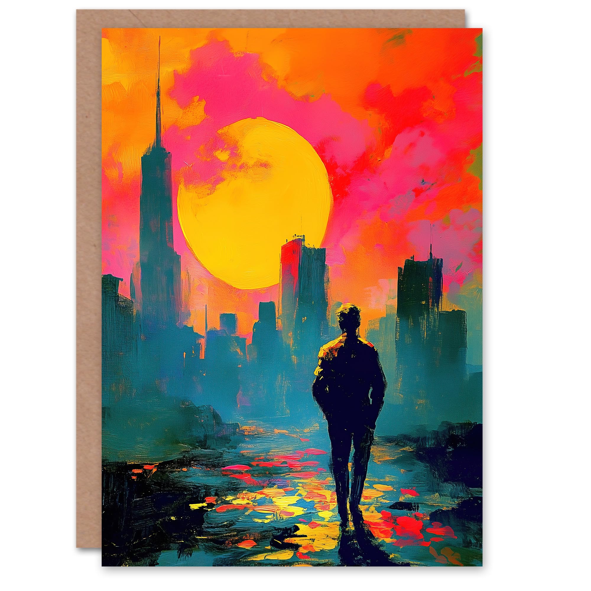 Artery8 Greeting Card Lone Walker Vibrant Sunset Abstract Cityscape Blank For Him Or Her Art Good Luck Card