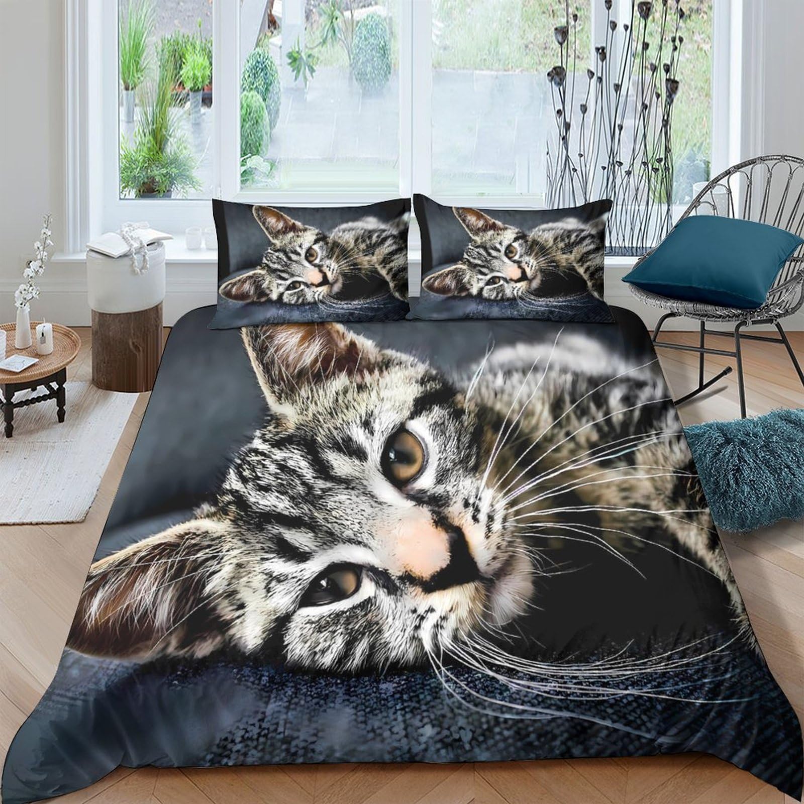Ctjqhvkz Style-4 3D Printed Tabby Cat Fitted Sheet Microfiber Soft Anti-Slip Cover For Bedroom, Guest Room, Easy Care, Grey Animal Art Single（135X200cm）