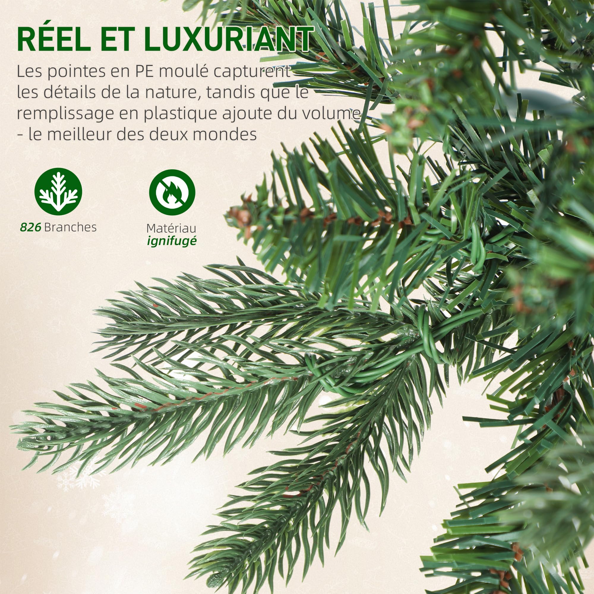 HOMCOM Sapin de Noël Artificiel 210 cm Slim, 8 Modes d’Éclairage, Vert | Lumières Blanches Chaudes, 8 Modes d'Éclairage, 826 Pointes de Branche Articulée, Support en Métal, Plastique Ignifuge