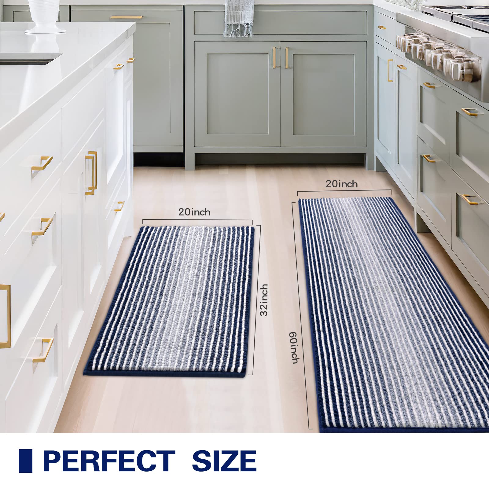 Bathroom Rugs and Mats Sets, 2 Piece Thick Absorbent Chenille Bath Mat Rug Set Non Slip, Soft Shaggy Bath Room Floor Mats for Bathroom, Machine Washable (20" x 60" Plus 20" x 32", Navy)