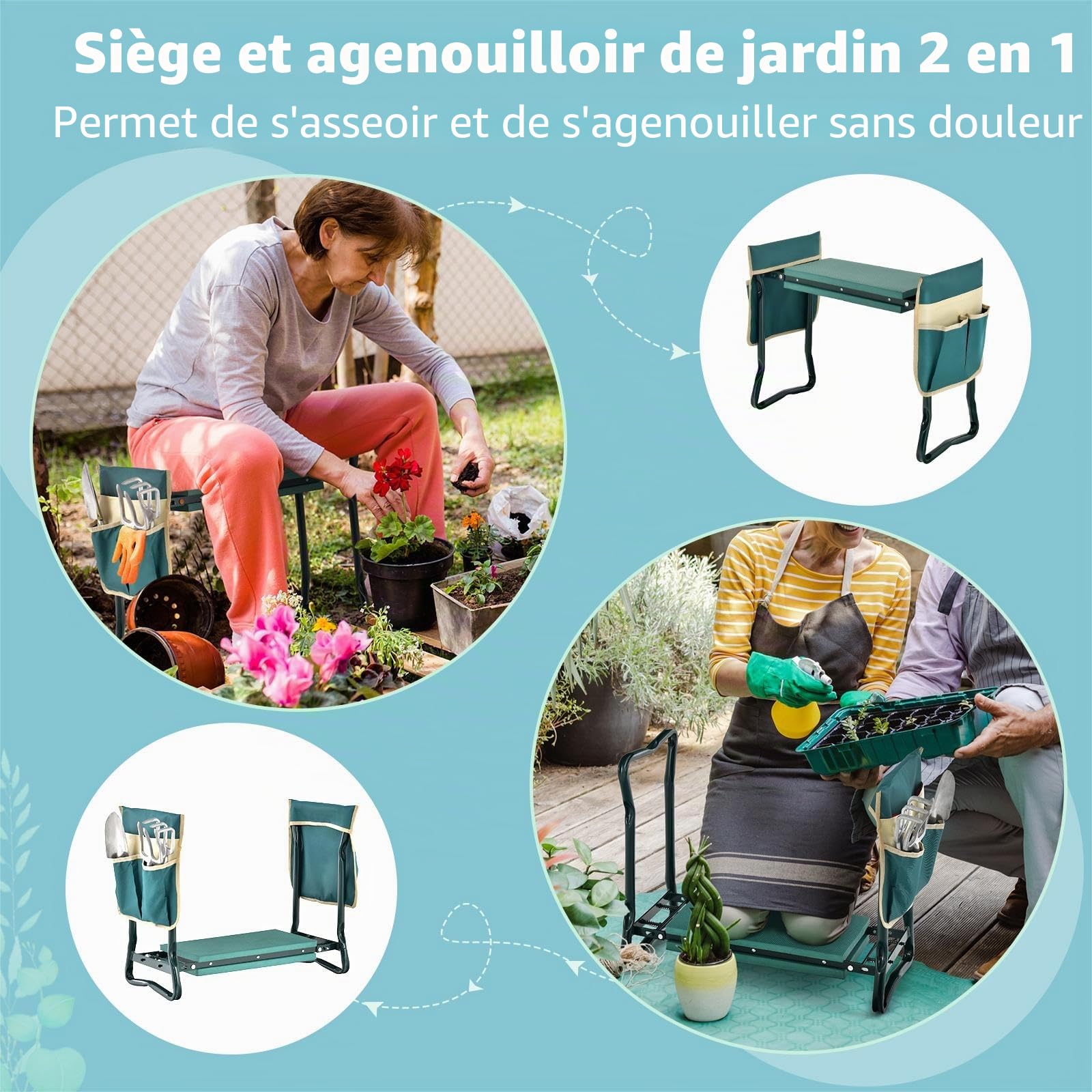 SOARS Tabouret de Jardinage 2 en 1 Pliable, Banc Agenouilloir de Jardin avec Sacs à Outils, Siège de Jardin avec Coussin Epais Mou en Mousse pour Les Genoux Eve Max. 150kg (avec 2 Sacs)