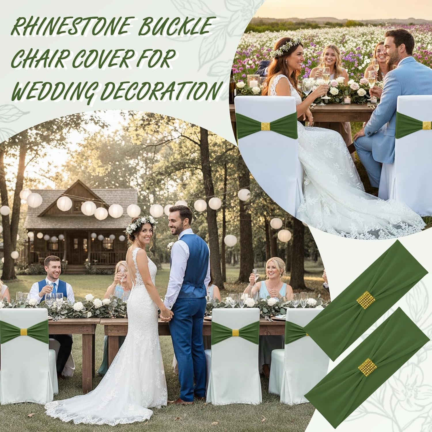 Moukeren 50 pcs Spandex Chair Sashes Bows Stretch Chair Covers Bands with Slider Buckles Universal Elastic Seat Ribbons for Wedding Party Events Ceremony Birthday Banquet(Olive Green)