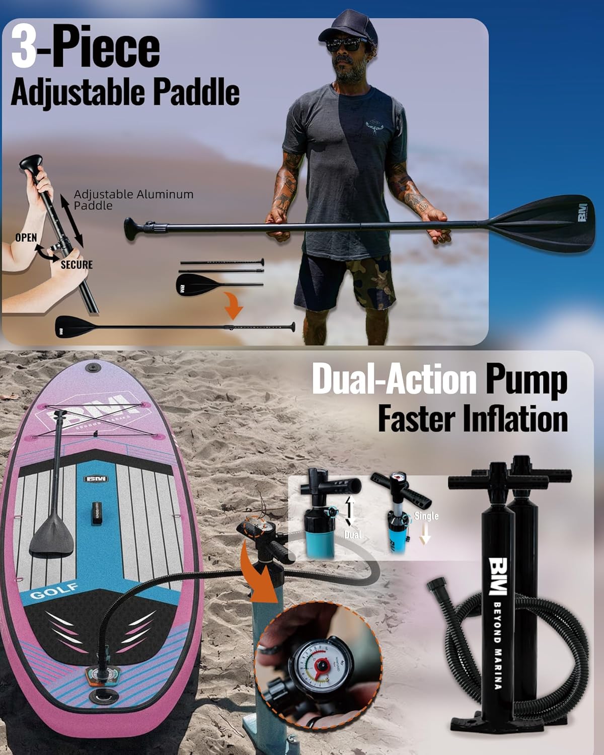 BM Paddle Board Inflatable Stand Up Paddle Board, SUP Paddleboard for Adult, Premium Accessories | Non-Slip EVA Deck & Foam Handles, Camera Mount, Double Action Pump, 85L Travel Backpack