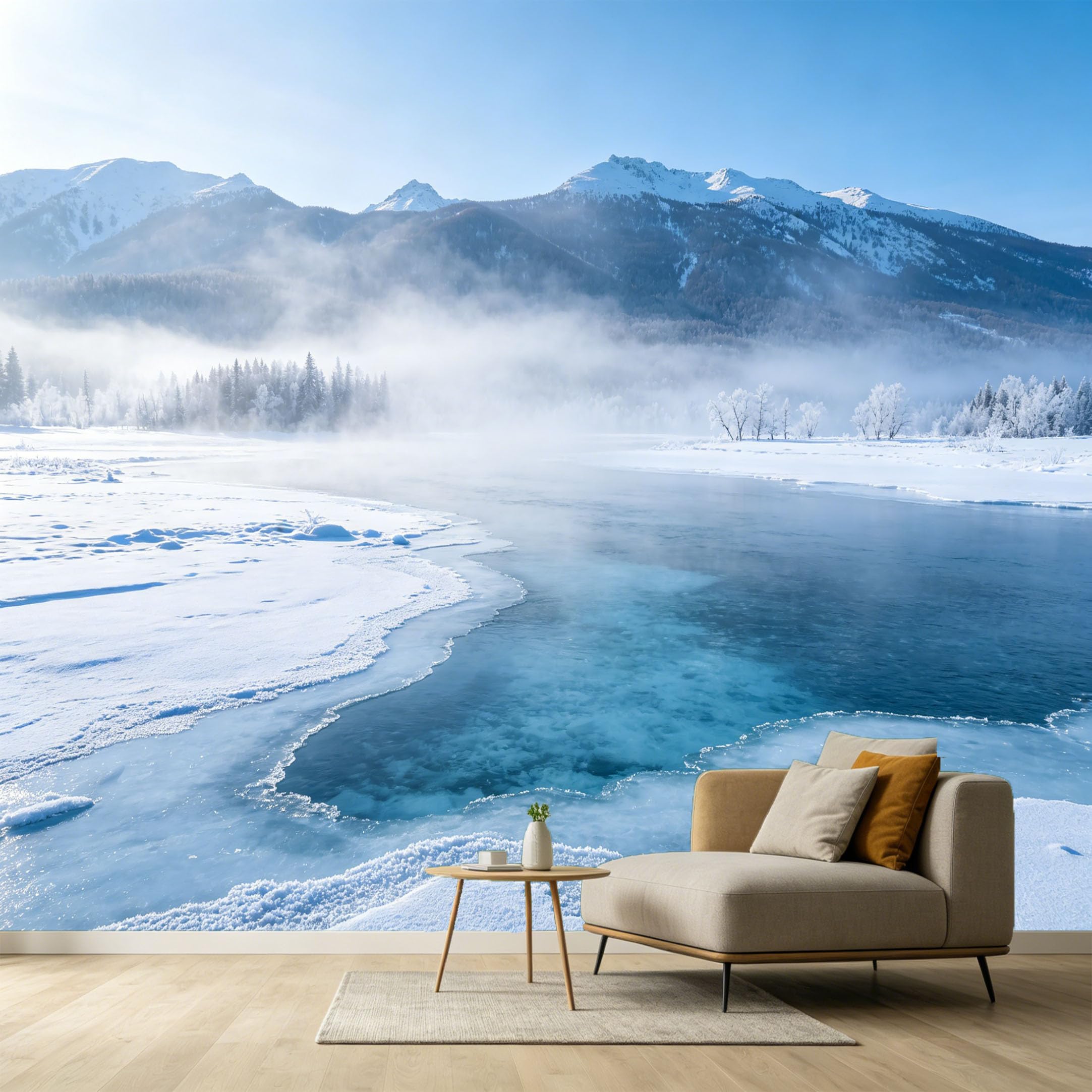 Custom Size Wall Murals Mountain Lake Landscape Snowy Peaks Winter Mist Ice River SelfAdhesive Wall Fabric Removable Large Wallpaper for Photo Living Room