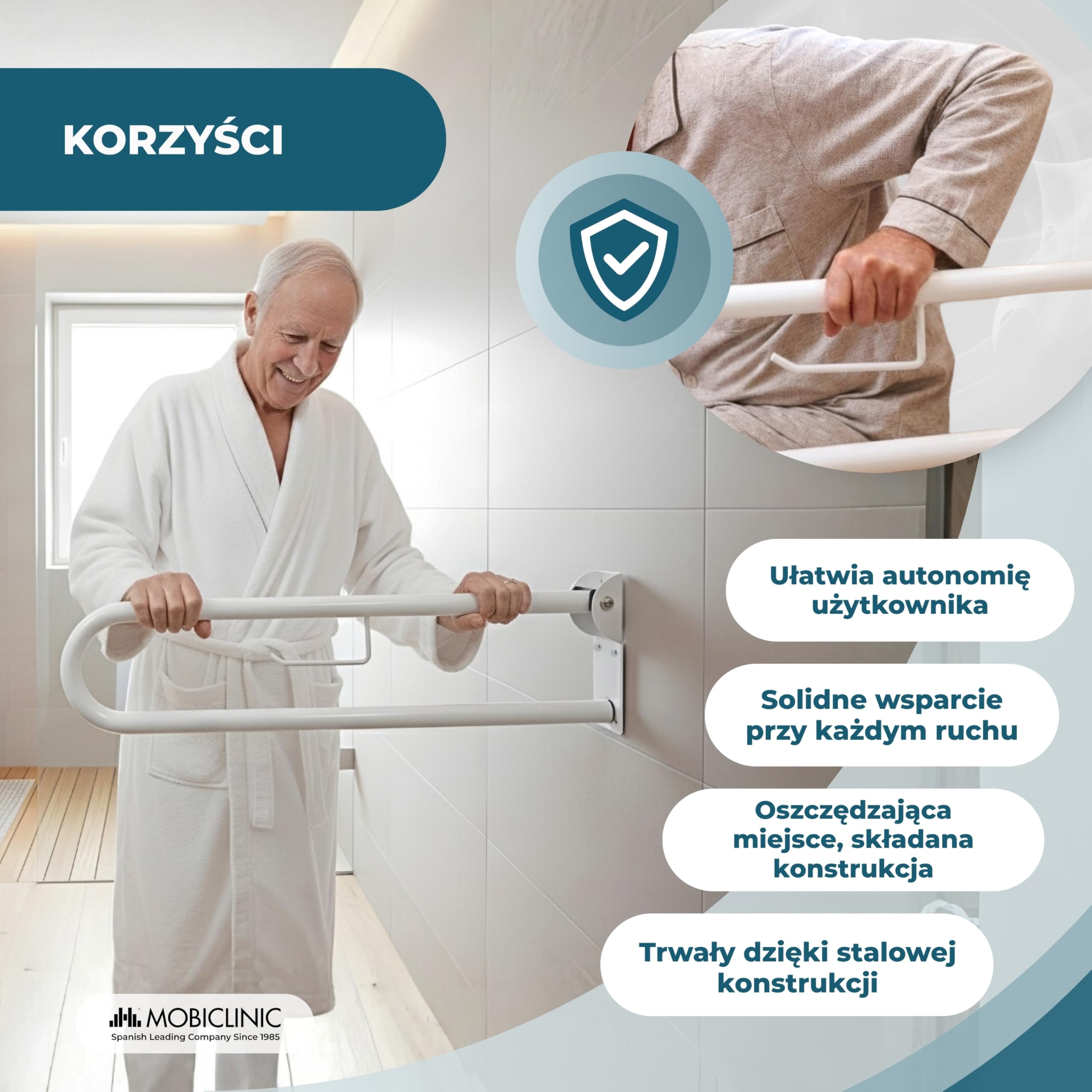 Mobiclinic, Arco, Składany drążek łazienkowy, Podwójny bezpieczeństwa, Pomoc w kąpieli dla osób starszych i niepełnosprawnych, Uchwyt na papier toaletowy