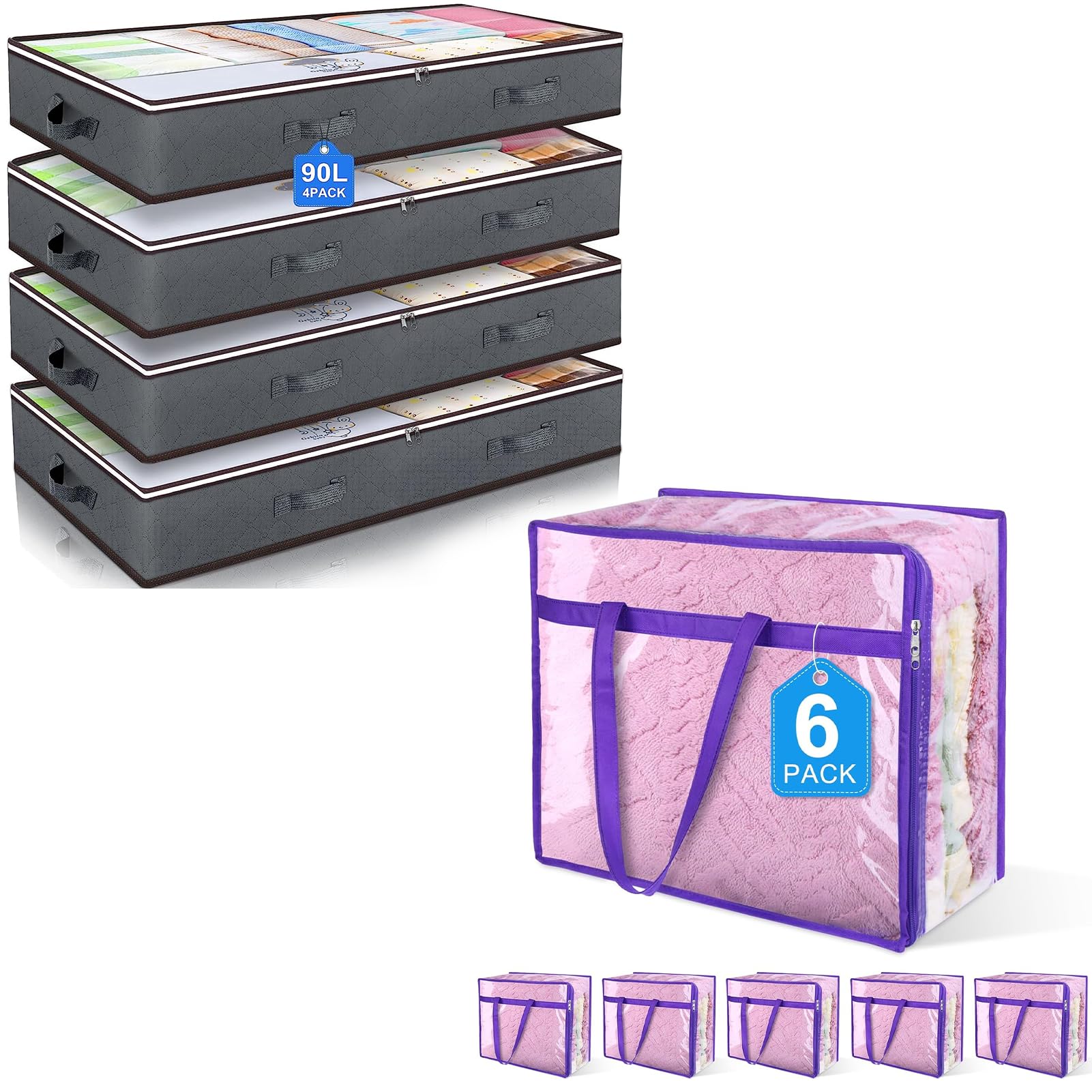 Budding Joy90L Under Bed Storage Containers and 6 Pack 40L Clear Zippered Storage Bags for Clothes