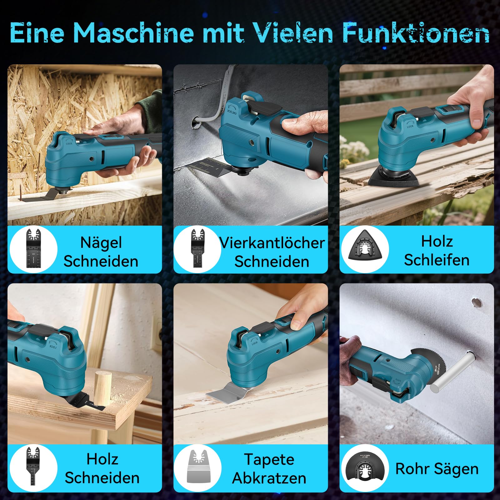 Yofuly Akku Multifunktionswerkzeug Kompatibel mit Makita 18V Akku, Multitool 6 Stufige Geschwindigkeit + Automodus, Geringer Amplitude Bürstenloser Motor mit 2x 4.0Ah Akkus, 23 Zubehör