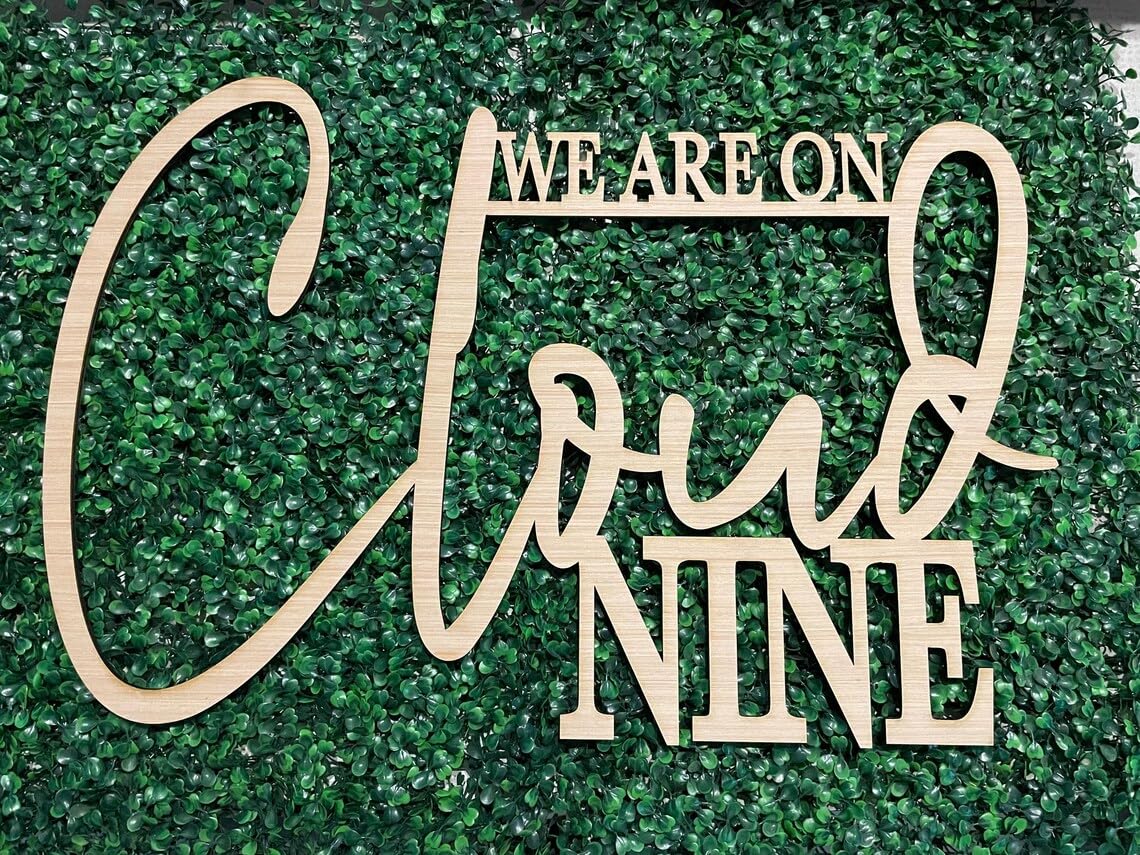 Wooden We Are On Cloud Nine Sign for Backdrop - Bridal Shower Wall Decal - Cloud 9 Baby Shower Decorations,Bachelorette Party Decorations, Bride To Be Party Supplies, Engagement Photobooth Backdrop
