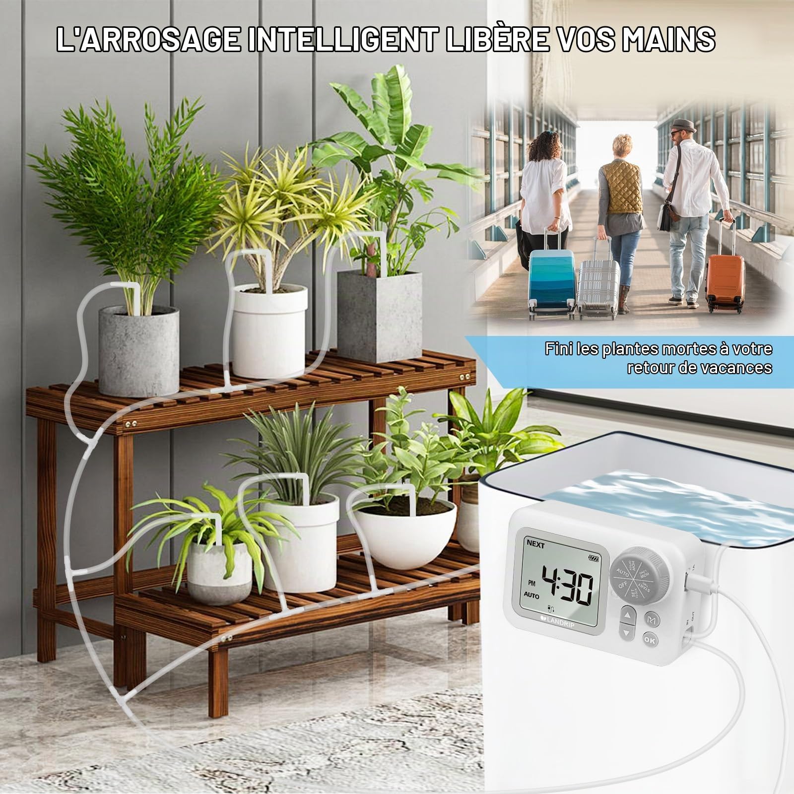 Landrip Système d'arrosage automatique - Arrosage automatique pour plantes d'intérieur - Idéal comme système d'irrigation de vacances pour jusqu'à 15 plantes en pot, parterre de fleurs, terrasse