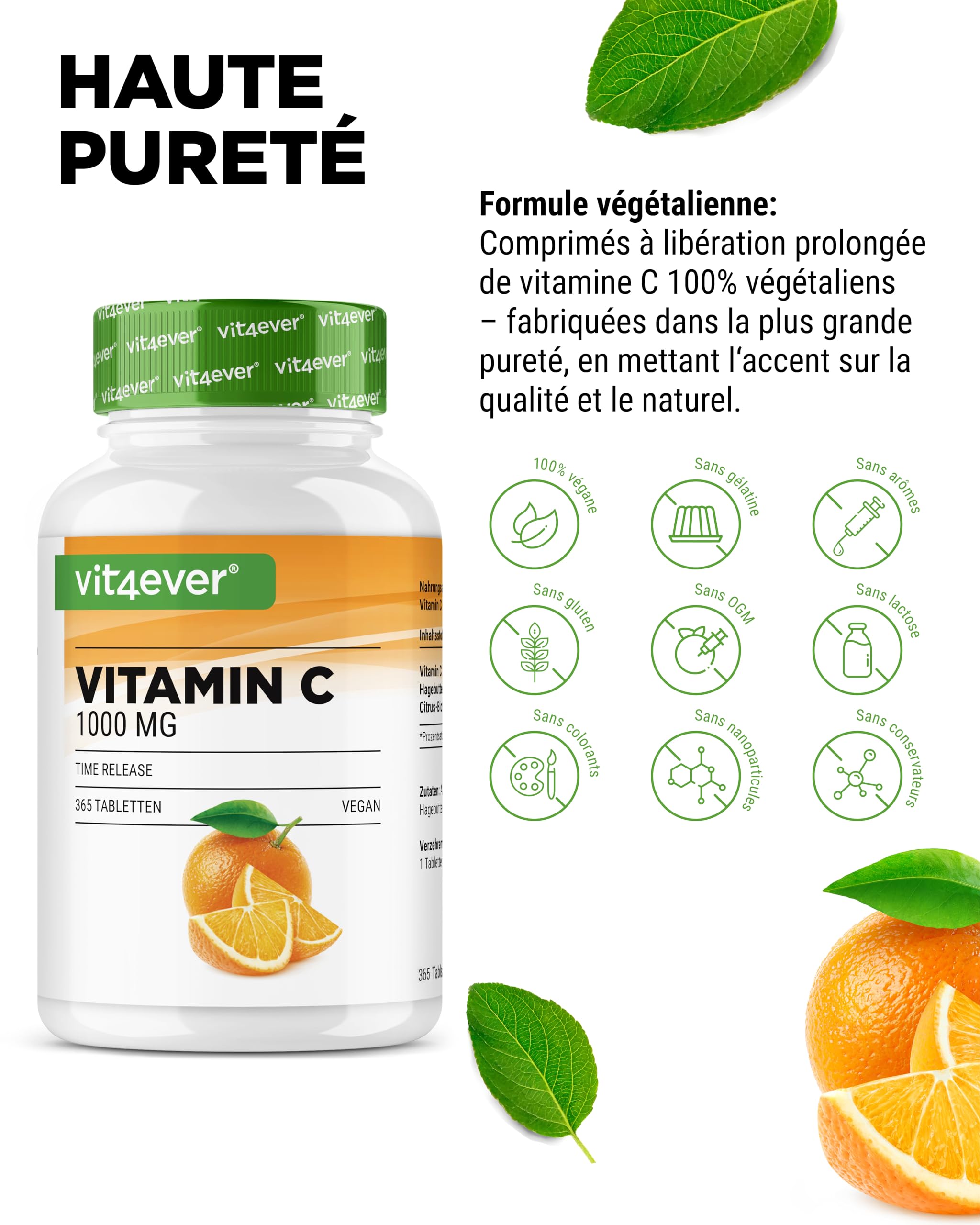 Vitamine C 1000 mg - 365 Comprimés - Format 12 Mois - Time Released Effekt - Comprimé avec Vitamine C + Extrait de Cynorhodon + Bioflavonoïdes d’Agrumes - Végétalien