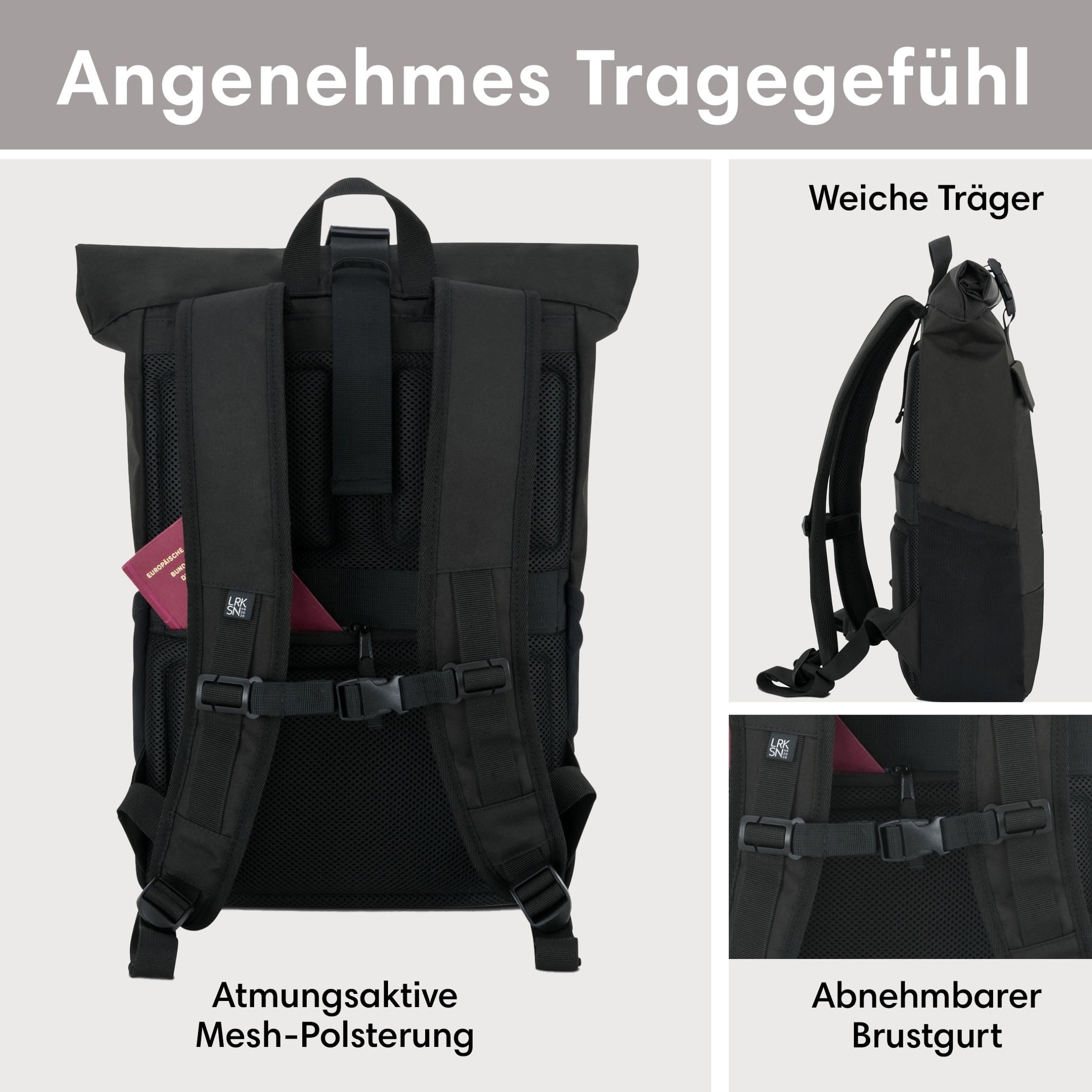 LARKSON Rucksack Damen & Herren - No 4 - Rolltop Backpack mit Laptopfach Uni, Arbeit & Fahrrad - Großer Reiserucksack - Wasserabweisend