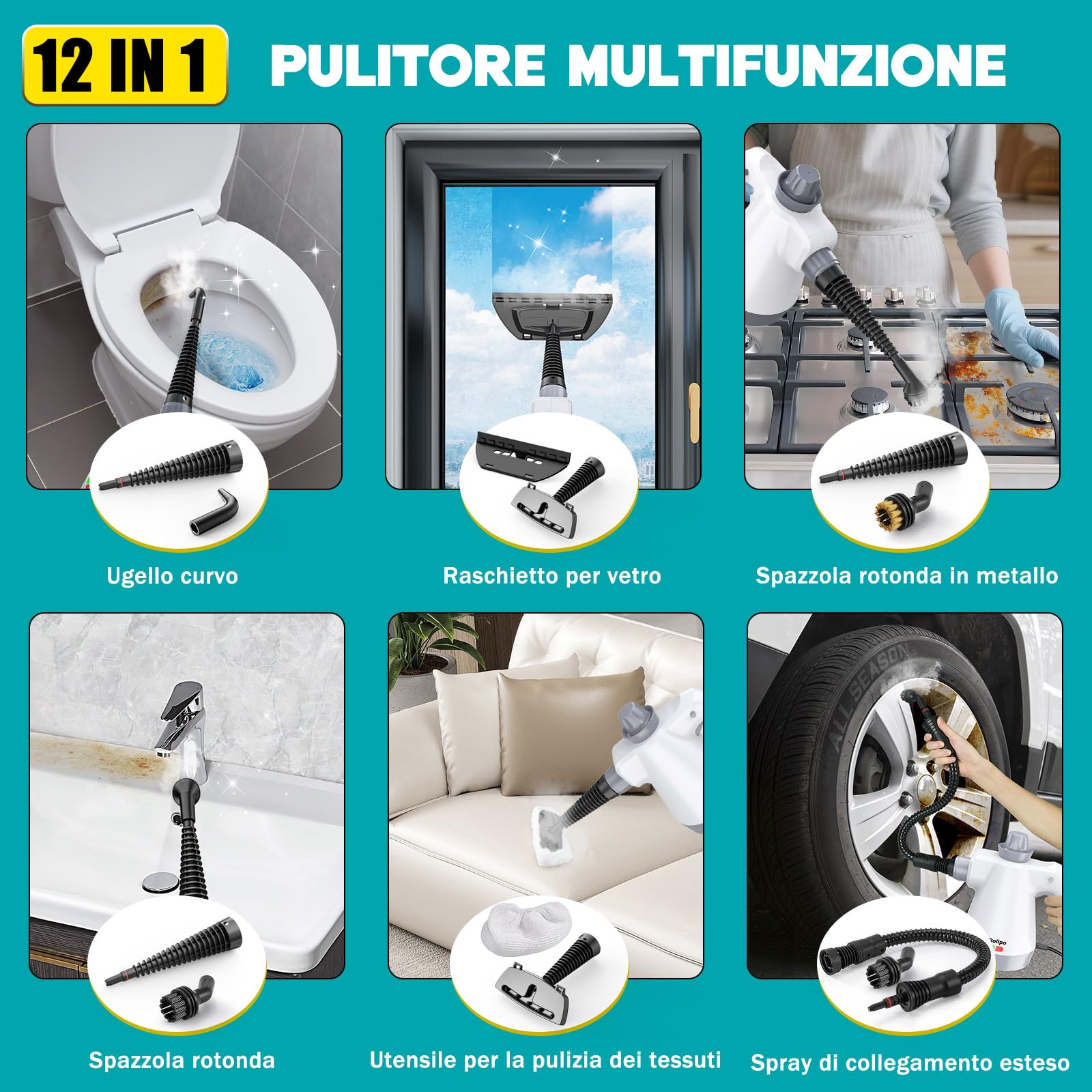 Rolipo Pulitore a Vapore Portatile, Pistola a Vapore Multifunzione Per Uso Domestico, Pressurizzato Con 12 Accessori e Blocco Di Sicurezza, Per La Pulizia Di Cucina, Bagno, Fughe, Finestre, Grasso