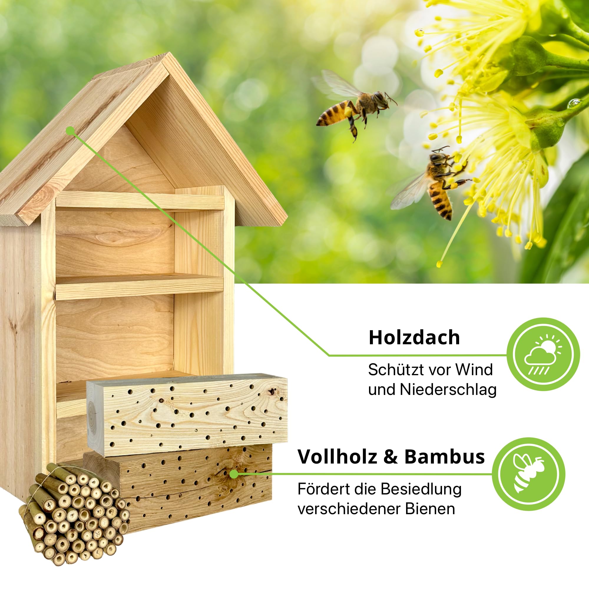GARTENETAGE DIY Bienenhotel Geschenkset – Natürliches Bienenparadies aus Bambus & Vollholz, Inklusive Blumenwiese Mischung, Einfache Montage, Naturliebhaber