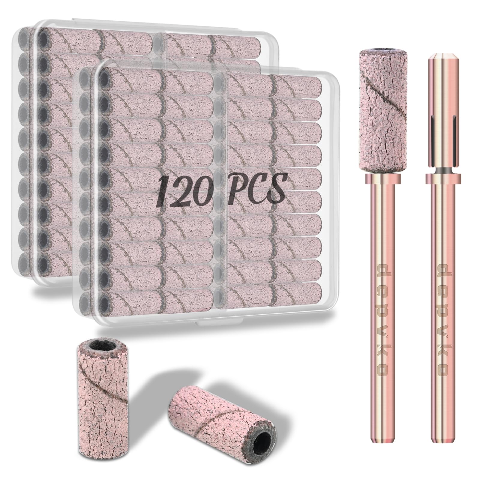 [Upgrade]Depvko 120pcs Small Sanding Bands for Nail Drills with 2pcs 3.1MM Mandrel Nail Drill Bits, 120 Medium Grit Nail File Sanding Bands for Acrylic Nails Tech Gel Manicures and Pedicure, Pink
