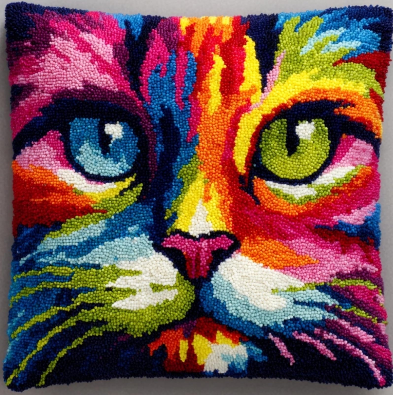 WallustrioaW DIY Latch Hook Cushion Kits 43x43cm,Colorful cat face