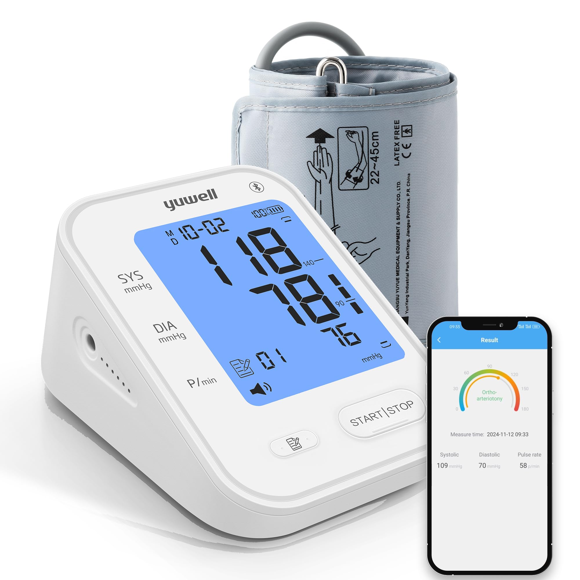 yuwell Smart Blood Pressure Monitor with Bluetooth | Extra Large Cuff for 22–45 cm, Voice Transmission, 3-Color Backlit Display, Rechargeable Battery, Free App for iOS & Android (YE650AR)