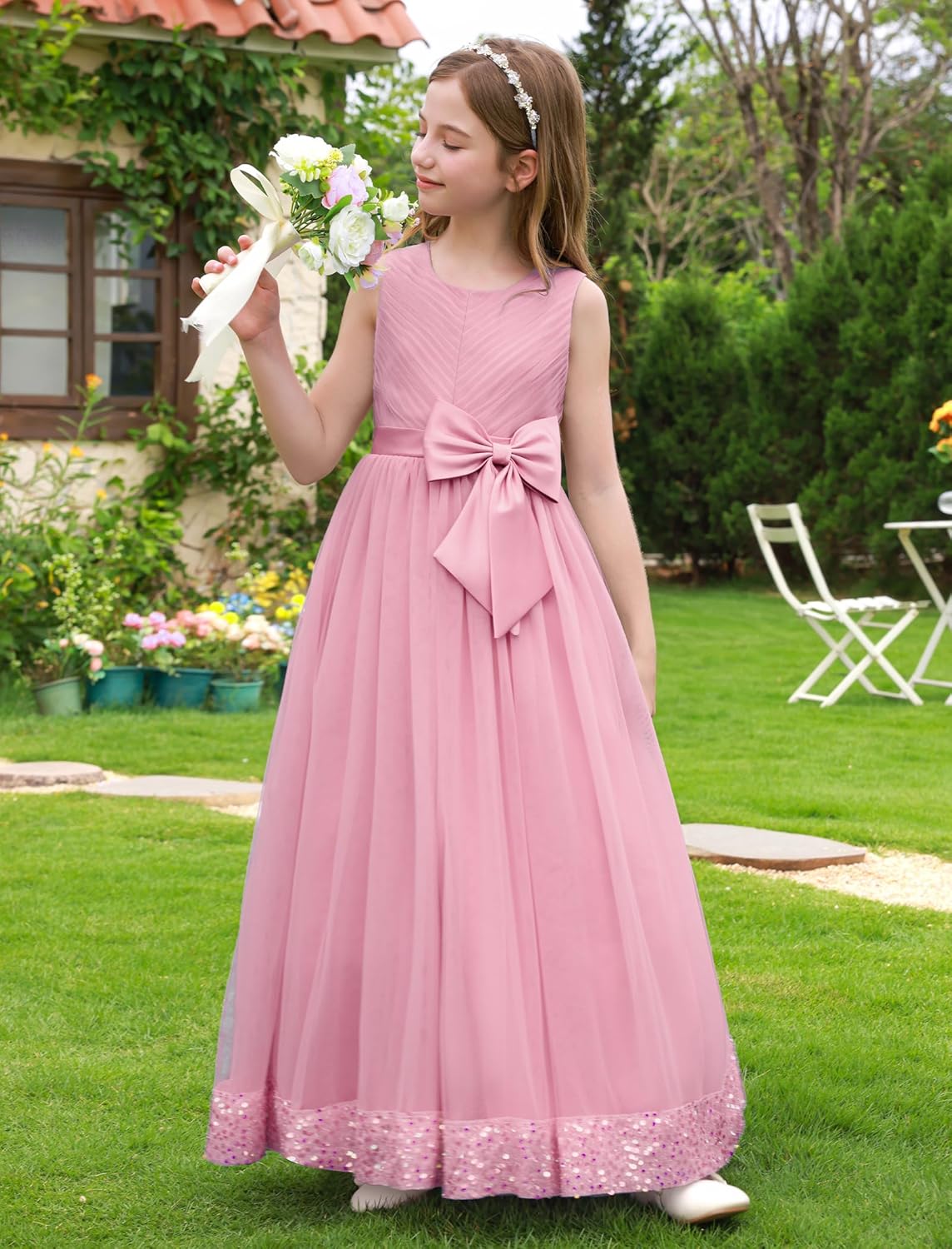 IDOPIP Flower Girl Dress Wedding Formal Pageant Dresses for Girls Long Maxi Sequin Tulle Bowknot Bridesmaid Communion Gown - Image 6