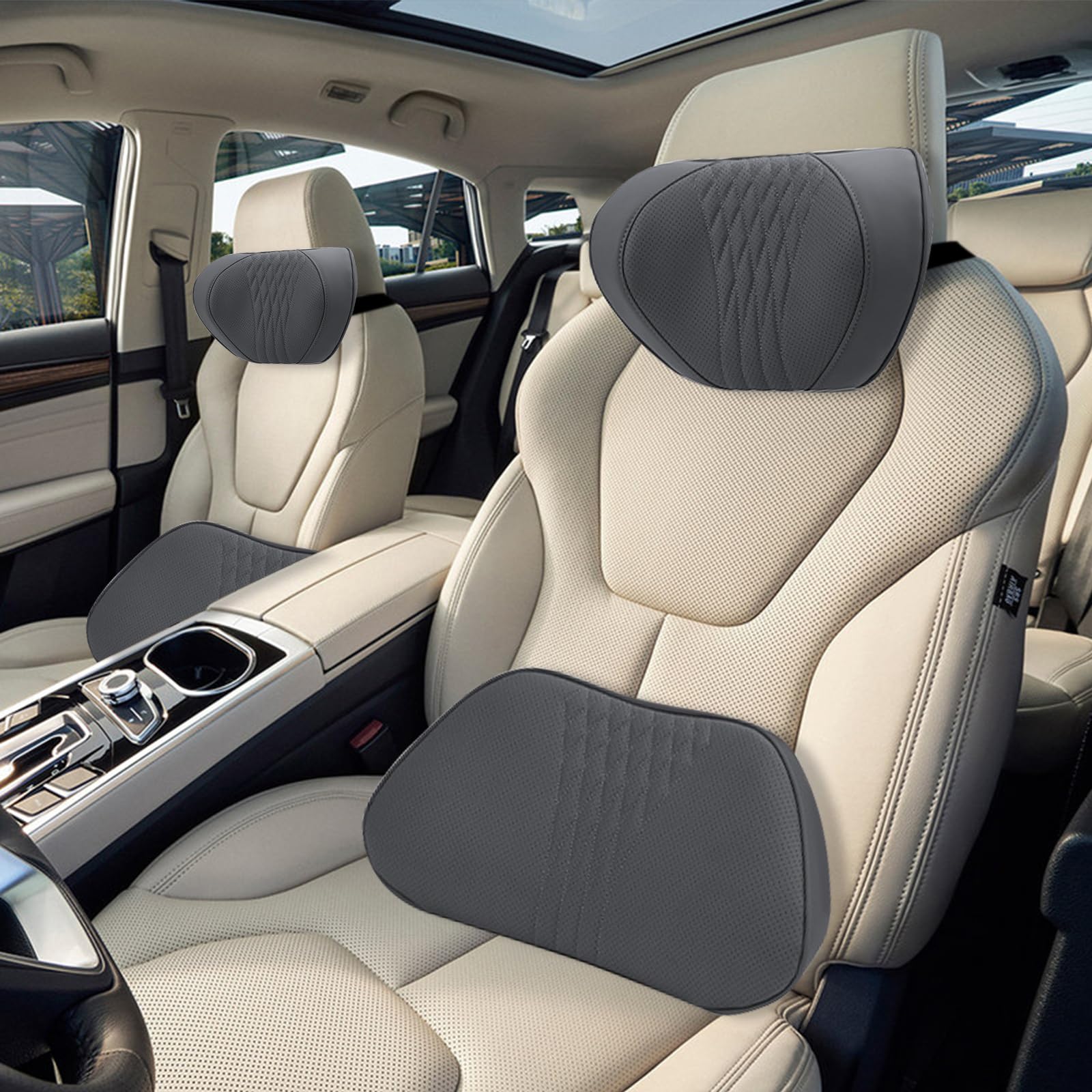 Auto Nackenkissen und Lendenkissen Set Memory Foam, Rückenkissen Auto Kopfstütze, Atmungsaktiv, Weich und Bequem für lindert Rückenschmerzen und Lordosenstütze (Schwarz)