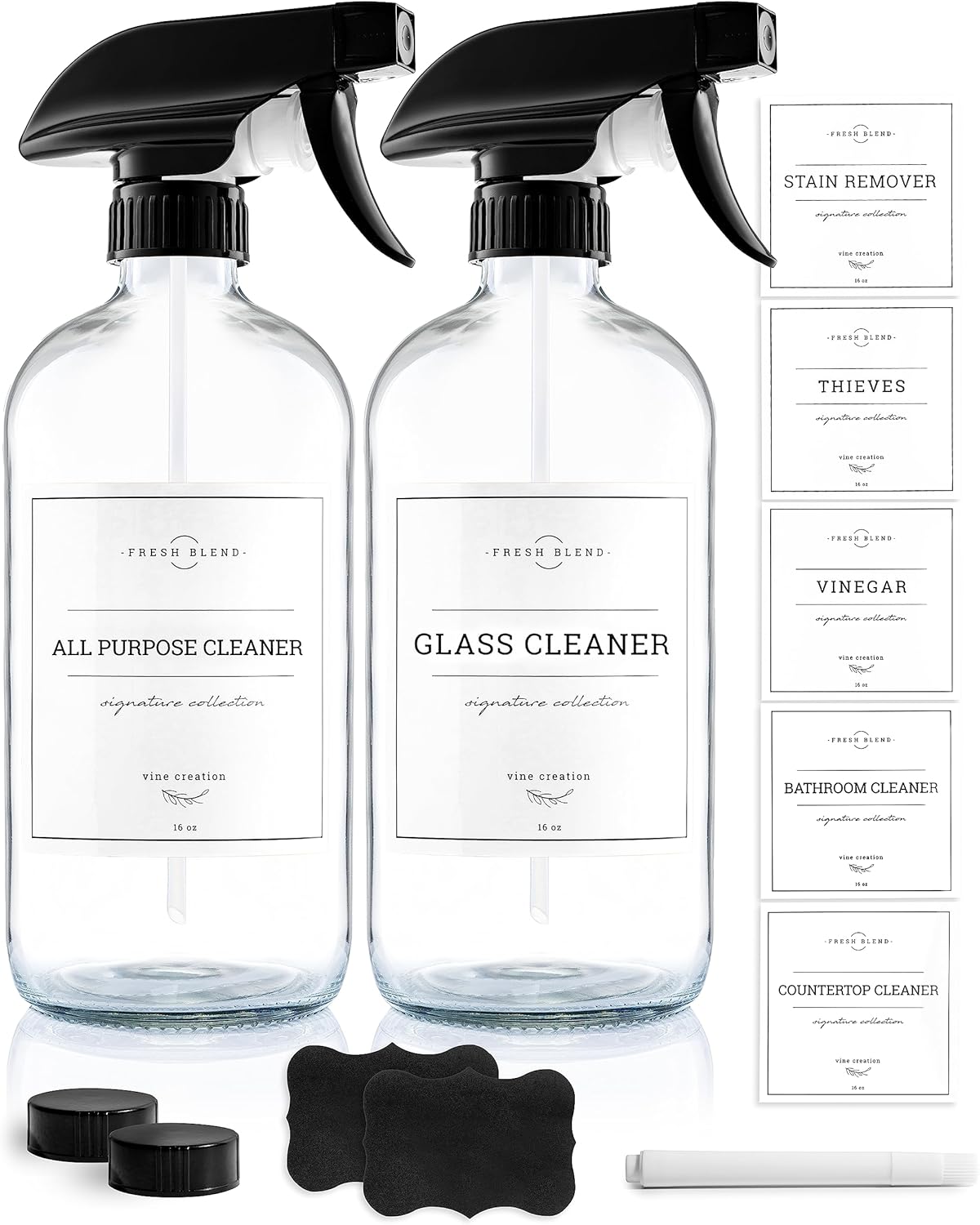 Vine Creations Glass Spray Bottles, 2 Pack Refillable Spray Bottles for Cleaning Solutions, Plant Misters, Clear Glass Spray Bottle for hair, 16 oz Mister Spray Bottle with Waterproof Labels Clear Bottle / Black Nozzle