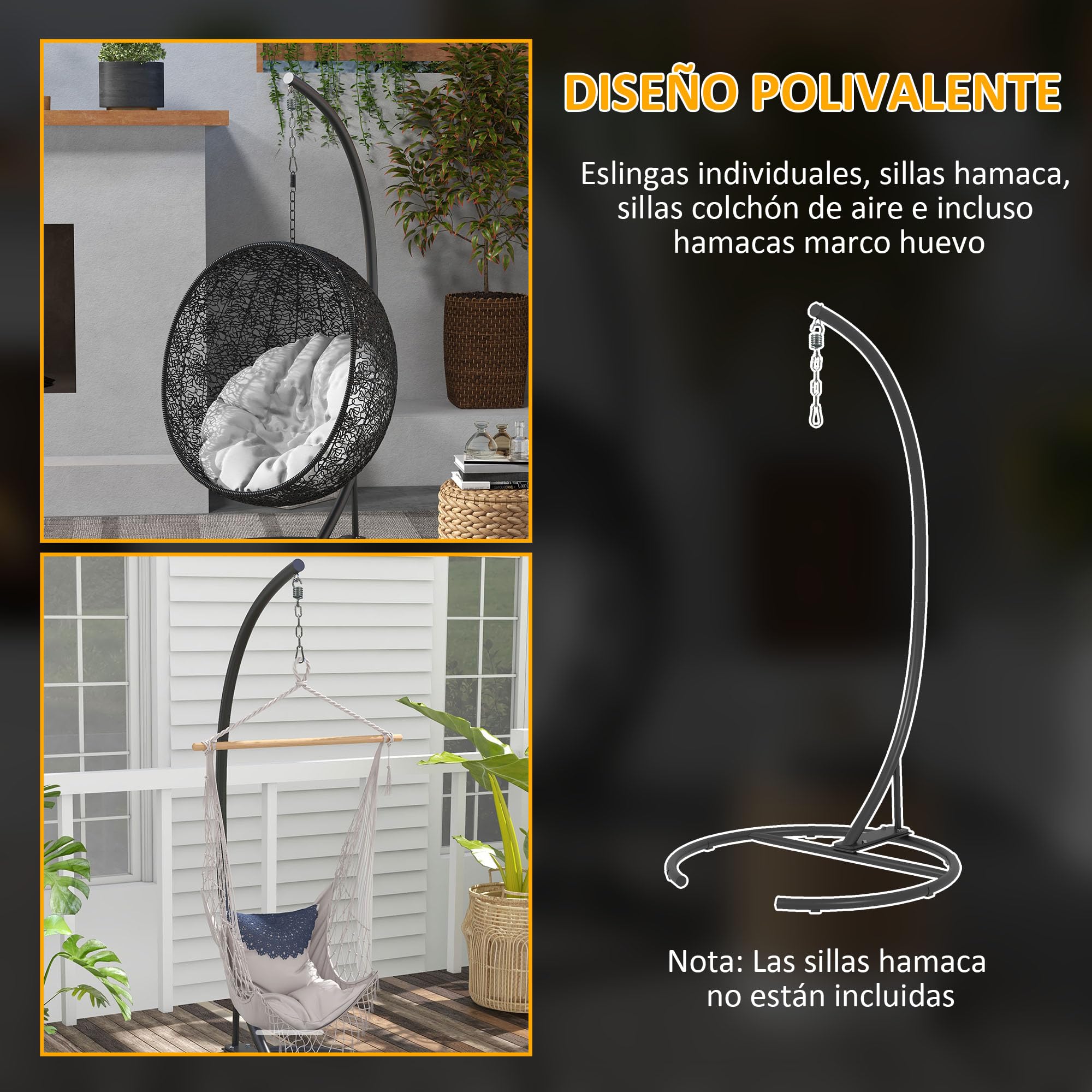 Outsunny Soporte para Silla Colgante de Huevos Marco de Silla de Colgante de Acero Soporte para Silla Columpio con Base Estable Carga 150 kg para Interior y Exterior Ø102x195 cm Negro