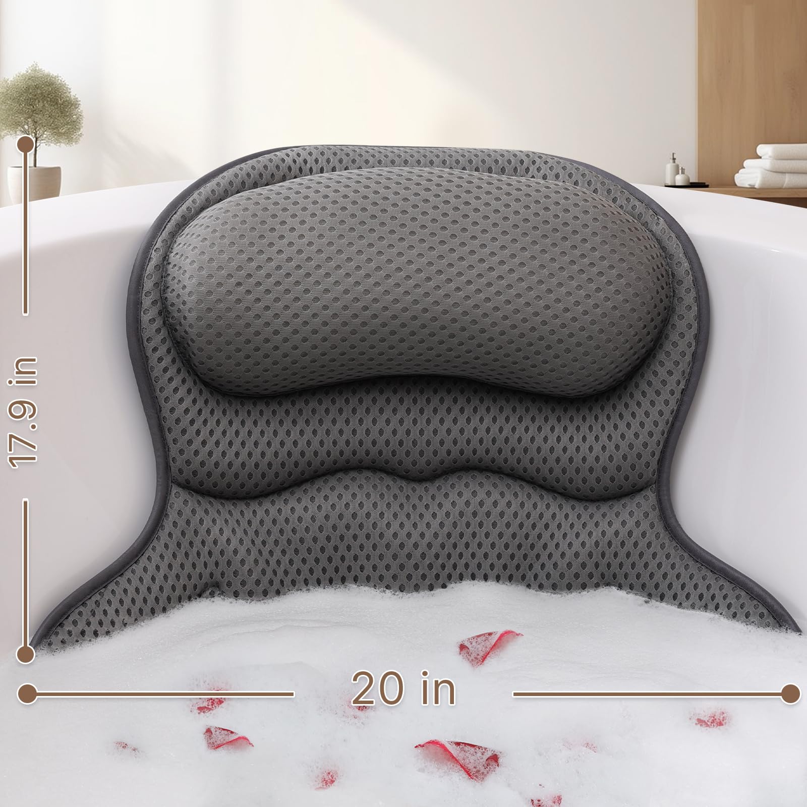 Bath Pillow Bathtub Pillow, Luxury Bath Pillows for Tub Neck and Back Support, Bath Tub Pillow Headrest with Soft 4D Mesh Fabric and Non-Slip Suction Cups, Relaxing Bath Accessories Spa Gifts: Gray