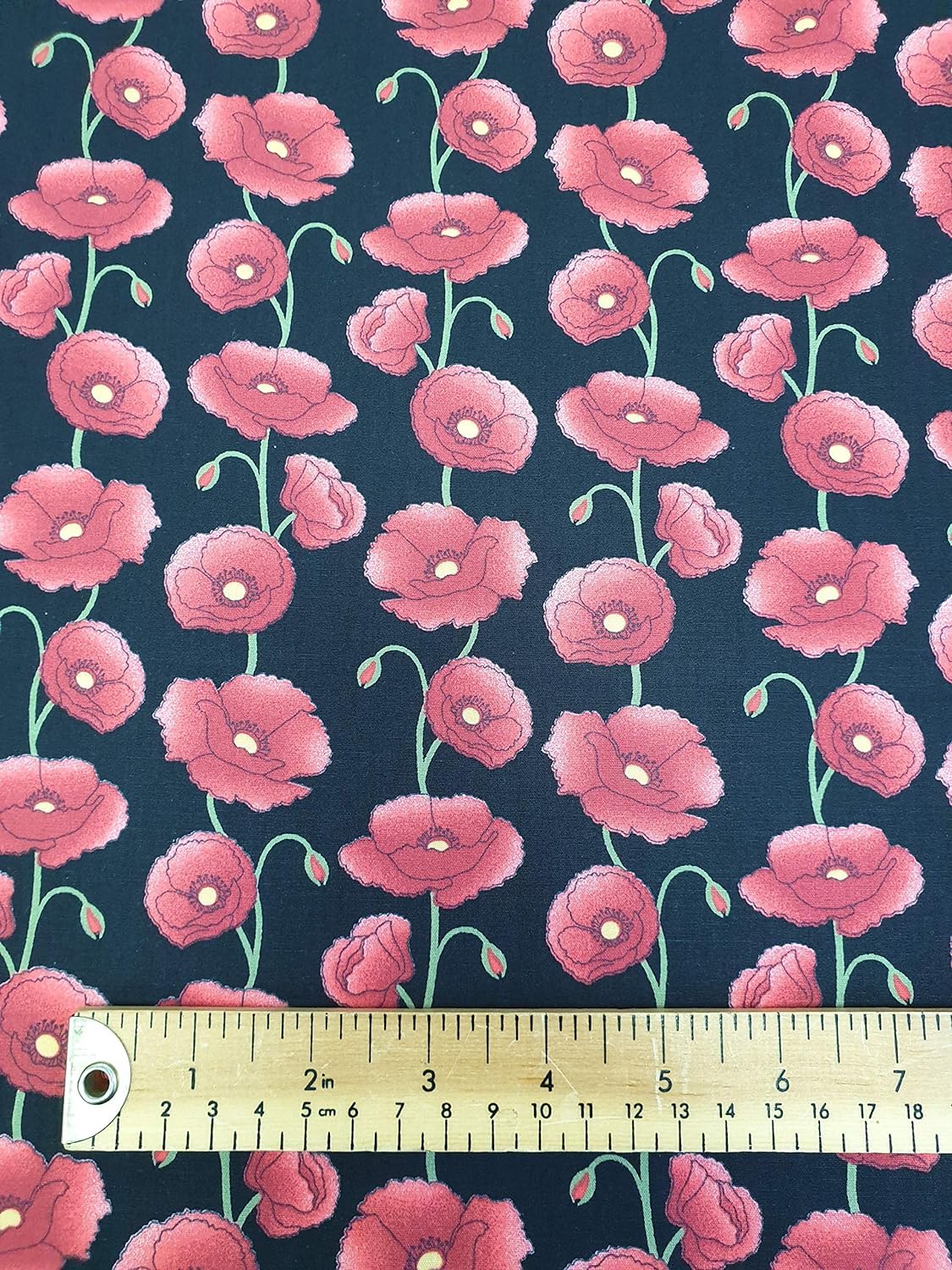 Oddies Red 100% Cotton Poplin Fabric - Poppy Flower Print On Black Background - Craft Fabric Material By The Metre (Cpo460bla